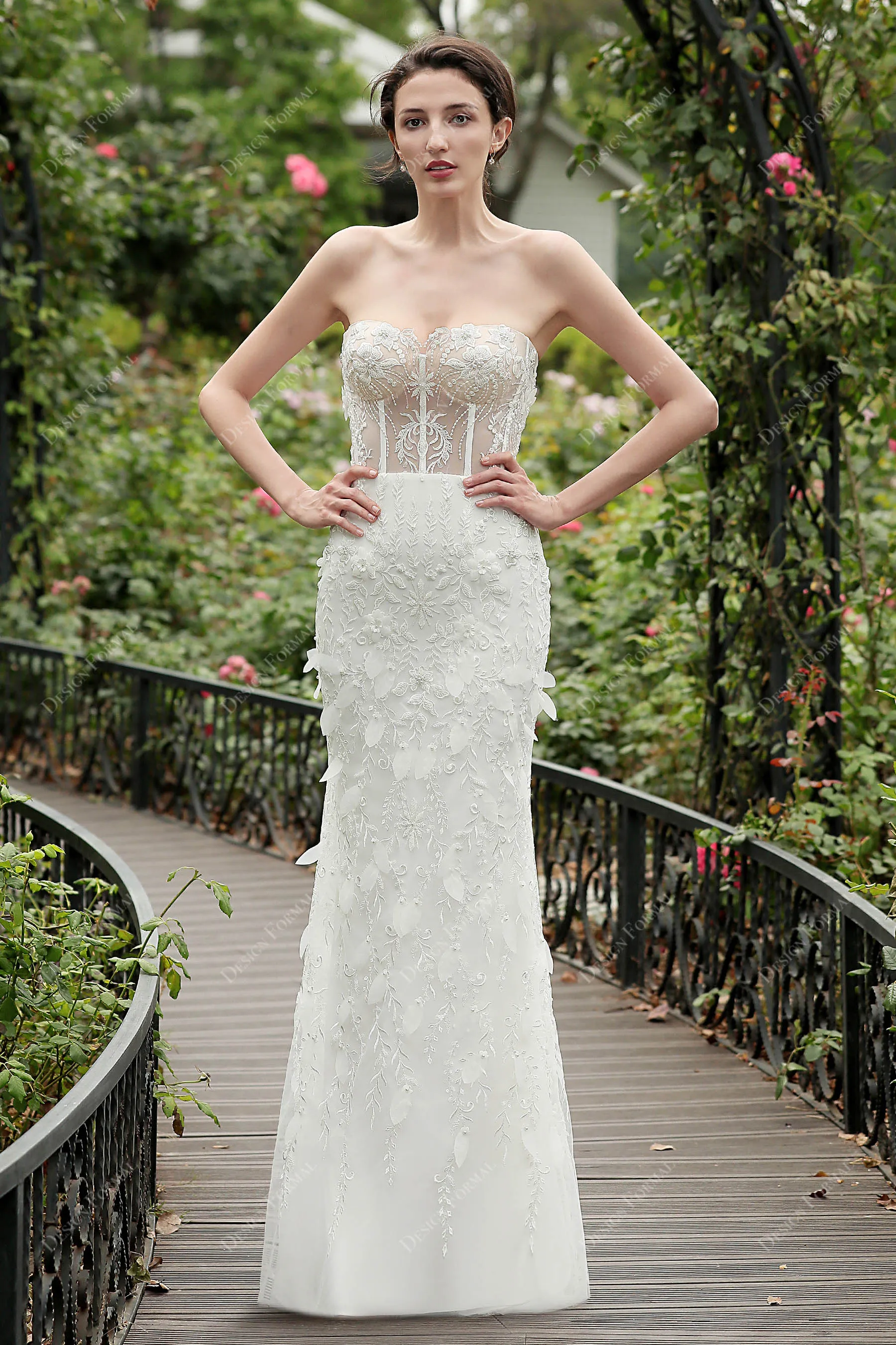 2 in 1 Corset Lace Strapless Long Designer Overskirt Bridal Dress