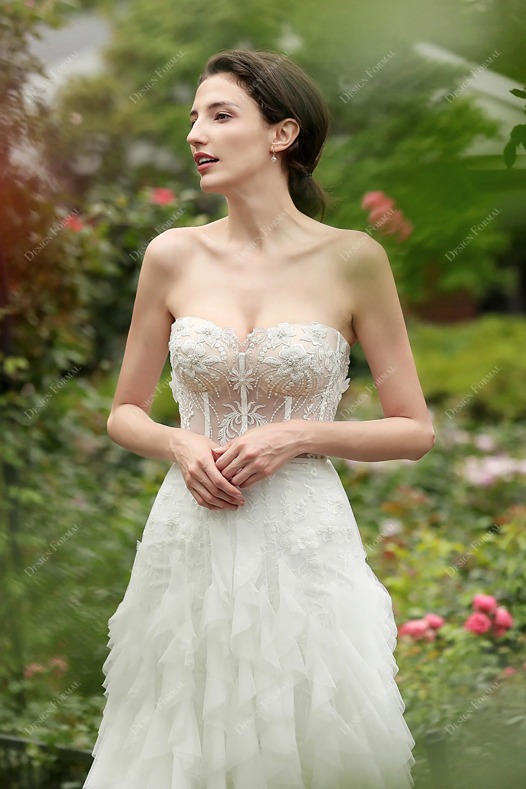2 in 1 Corset Lace Strapless Long Designer Overskirt Bridal Dress