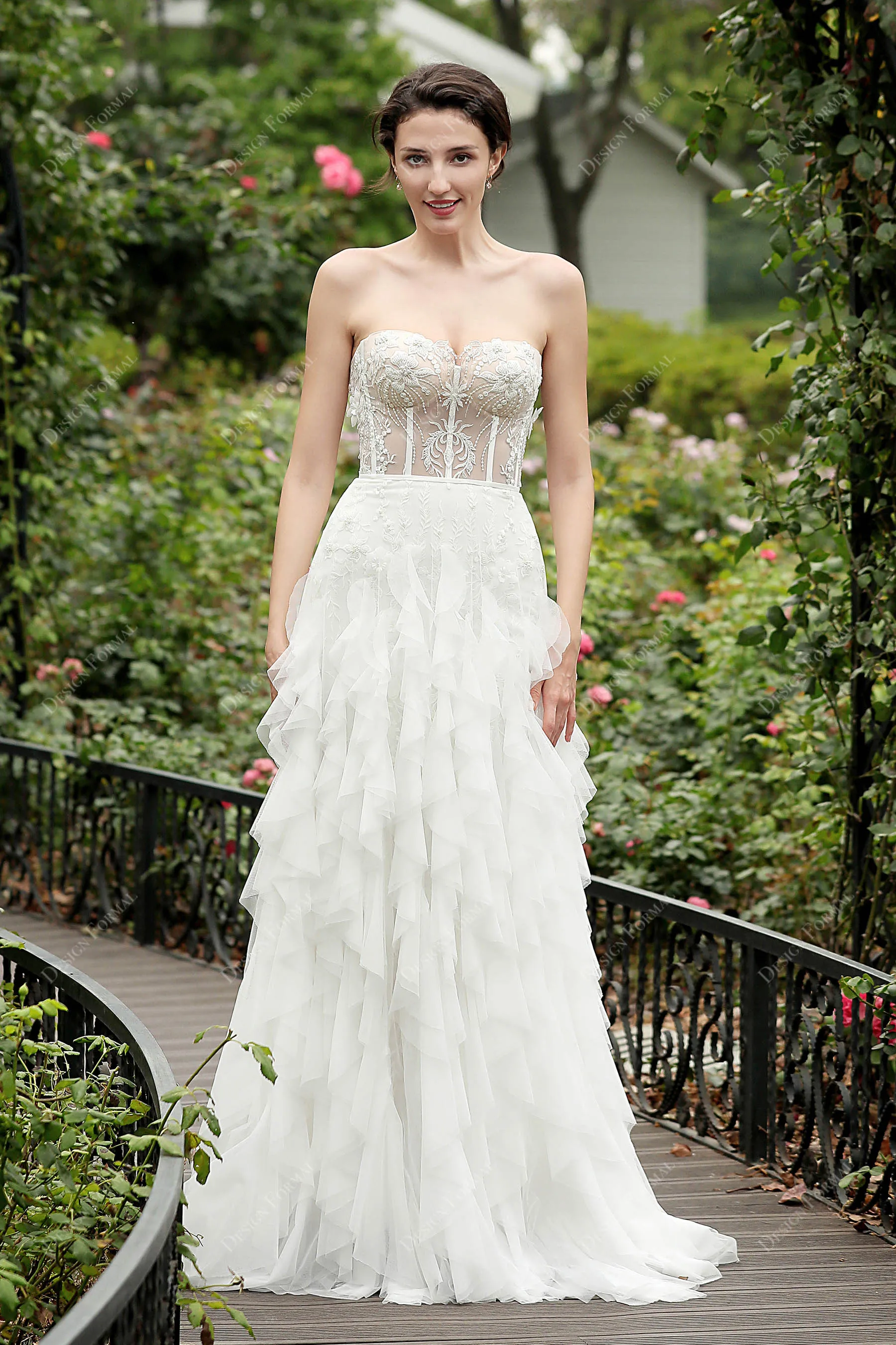 2 in 1 Corset Lace Strapless Long Designer Overskirt Bridal Dress