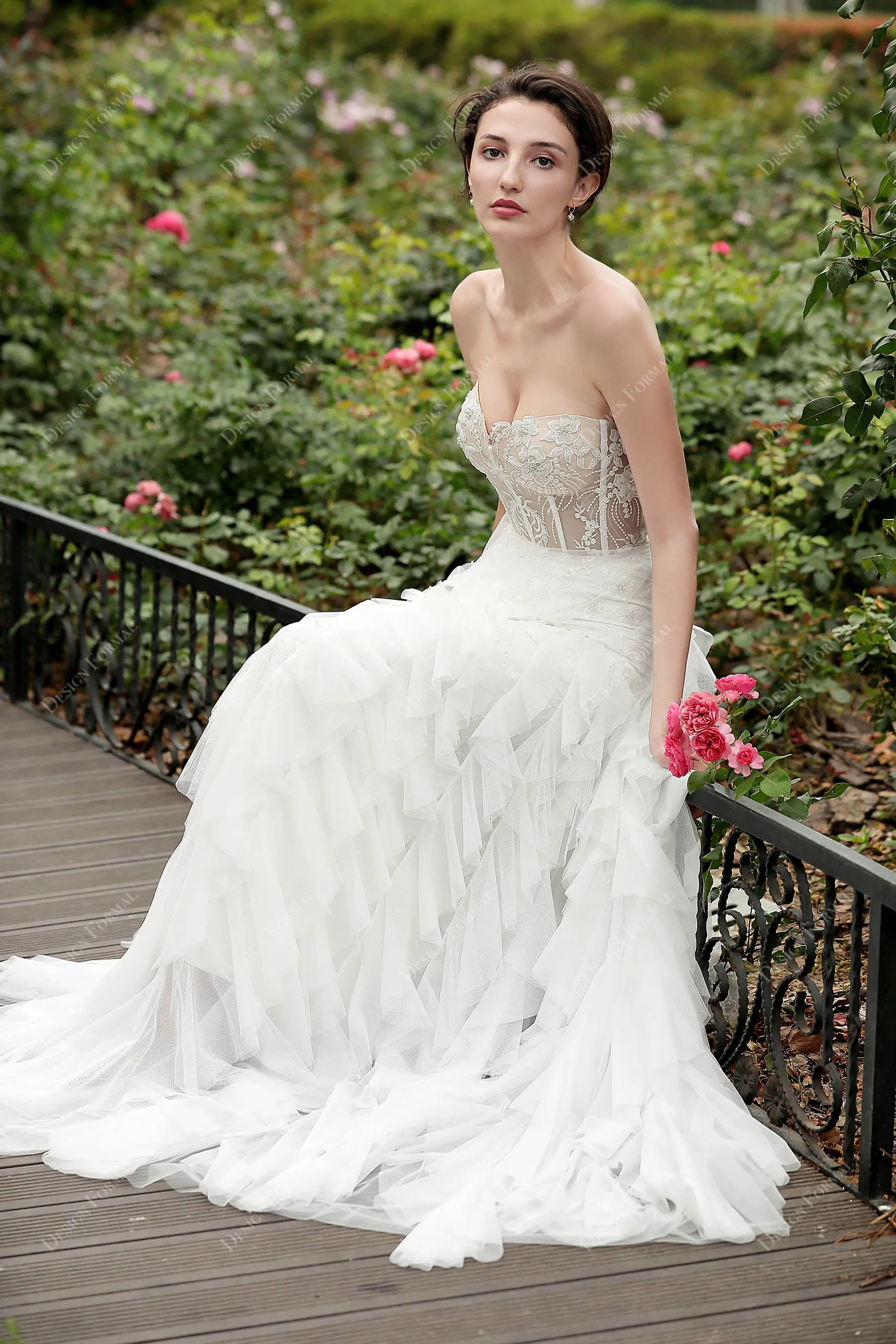 2 in 1 Corset Lace Strapless Long Designer Overskirt Bridal Dress