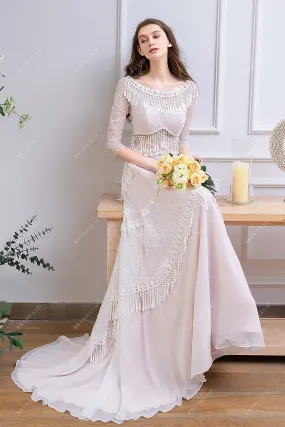 3/4 Sleeved Pearl Pink Boho Tassels Destination Wedding Dress