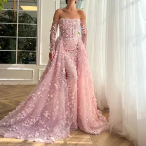 3D Floral Pink Evening Gown with Overskirt
