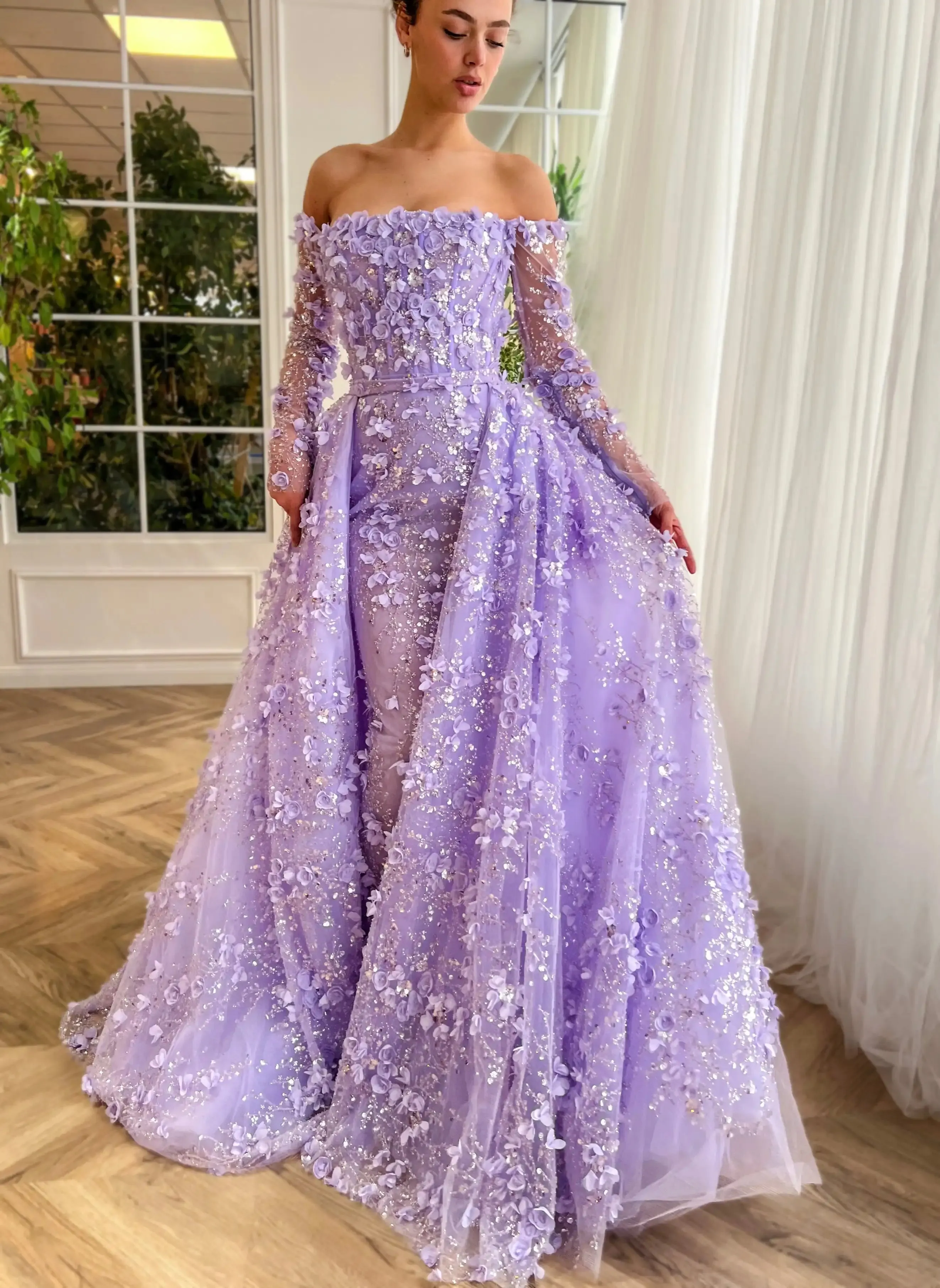 3D Floral Pink Evening Gown with Overskirt