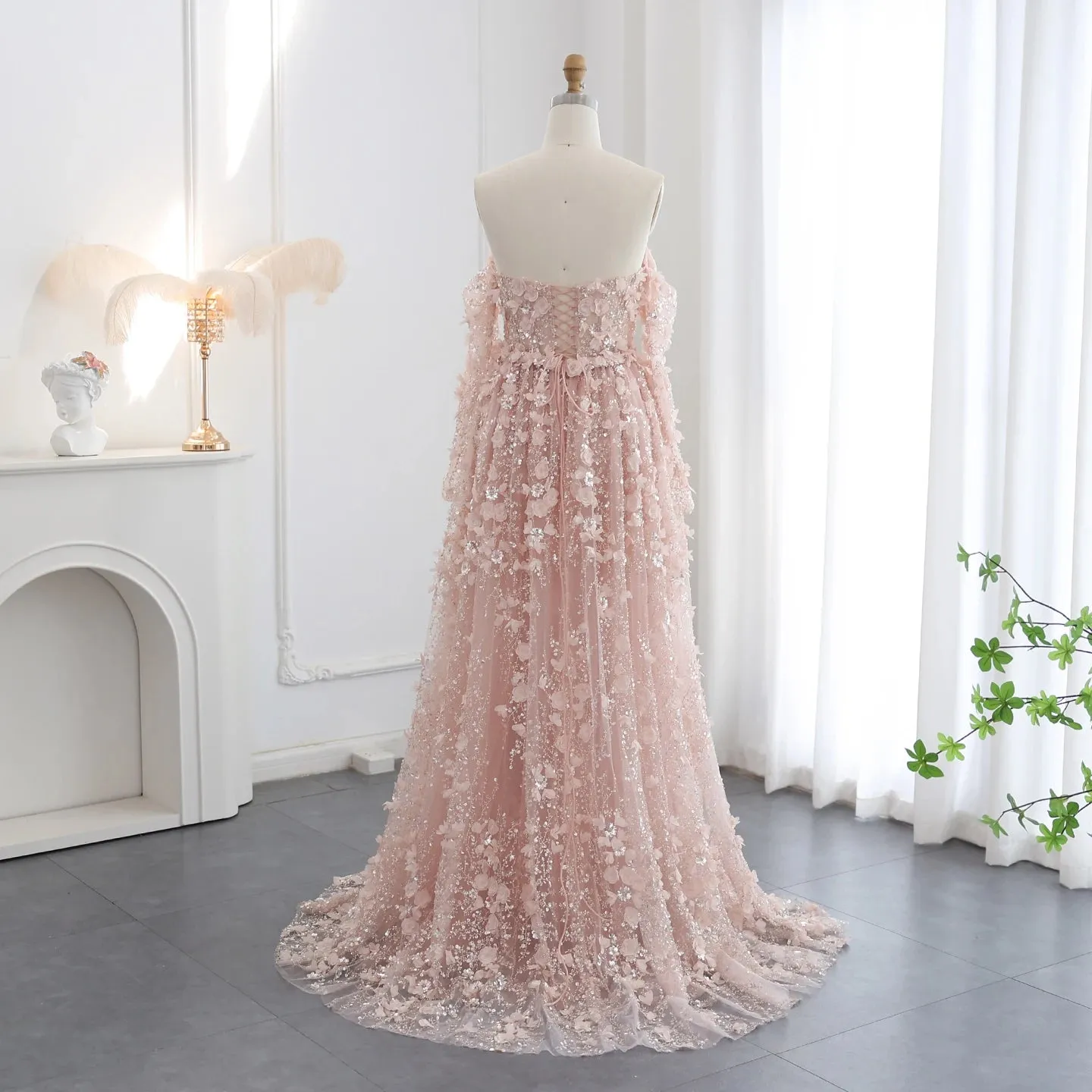 3D Floral Pink Evening Gown with Overskirt