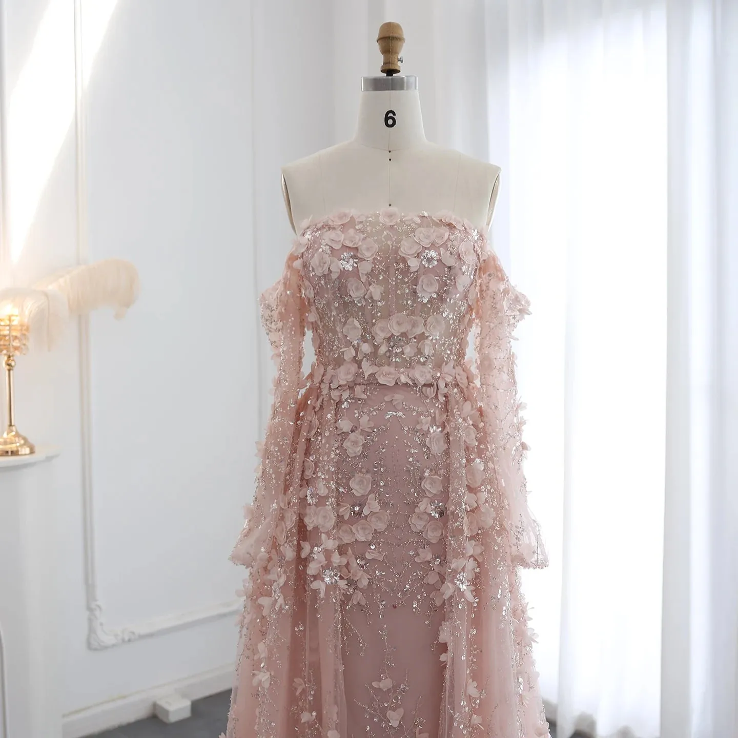 3D Floral Pink Evening Gown with Overskirt