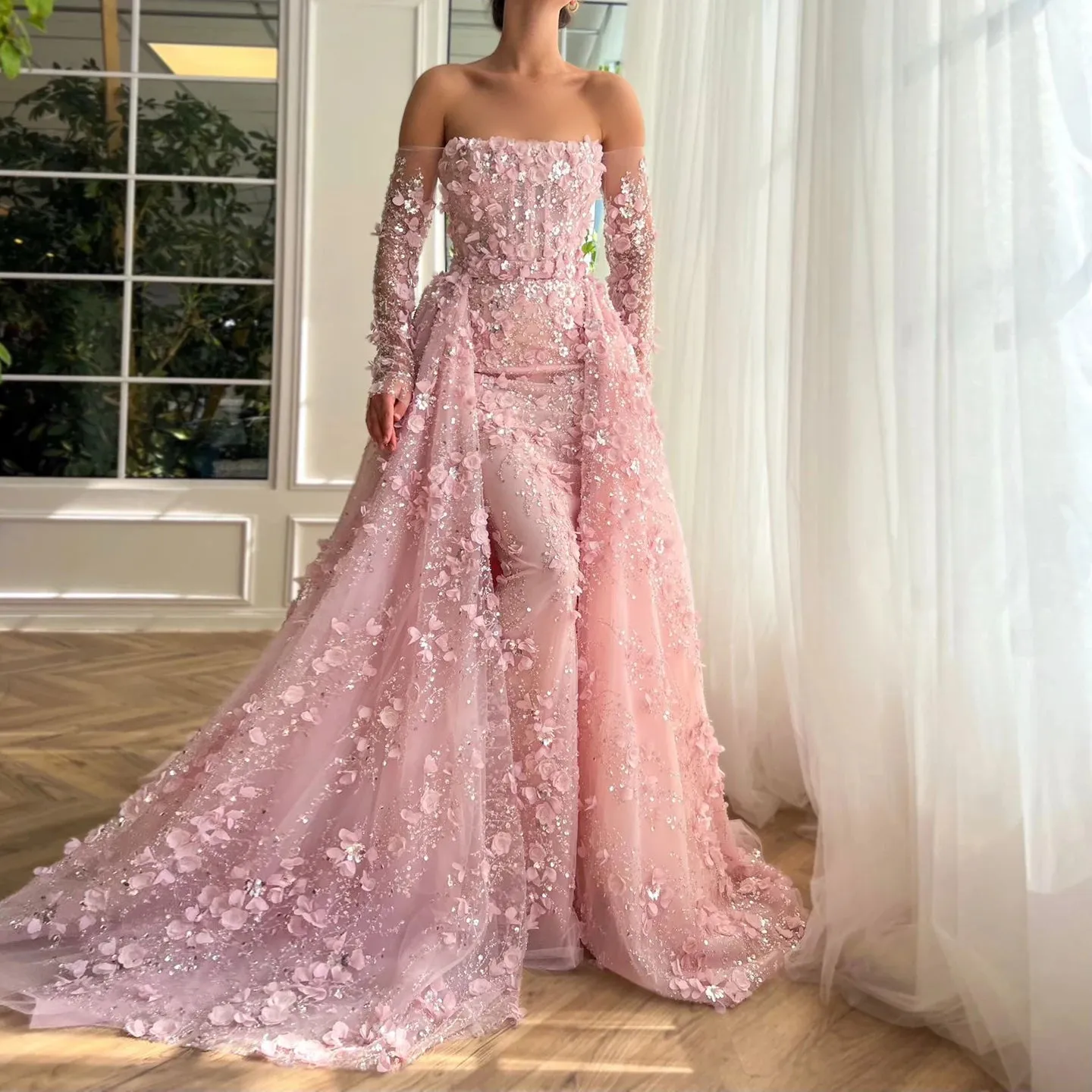 3D Floral Pink Evening Gown with Overskirt