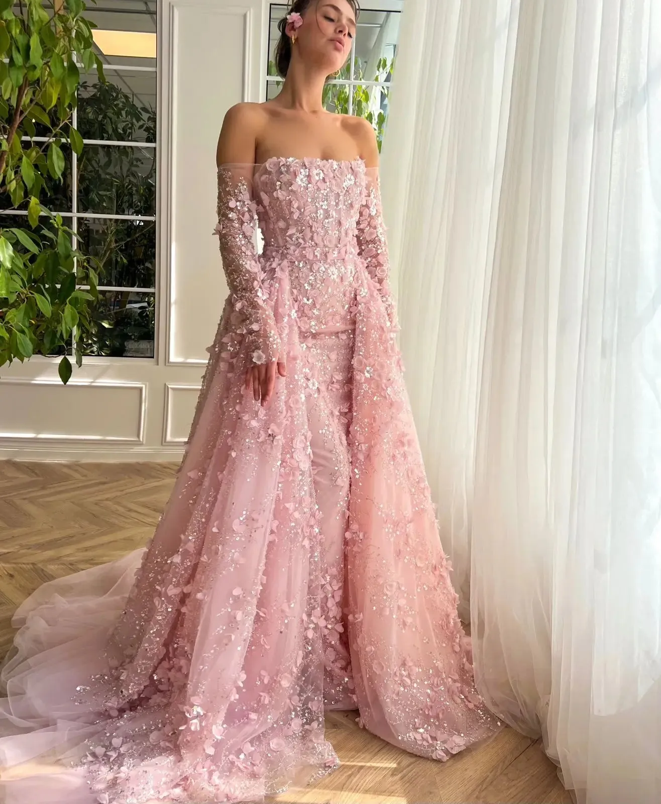 3D Floral Pink Evening Gown with Overskirt