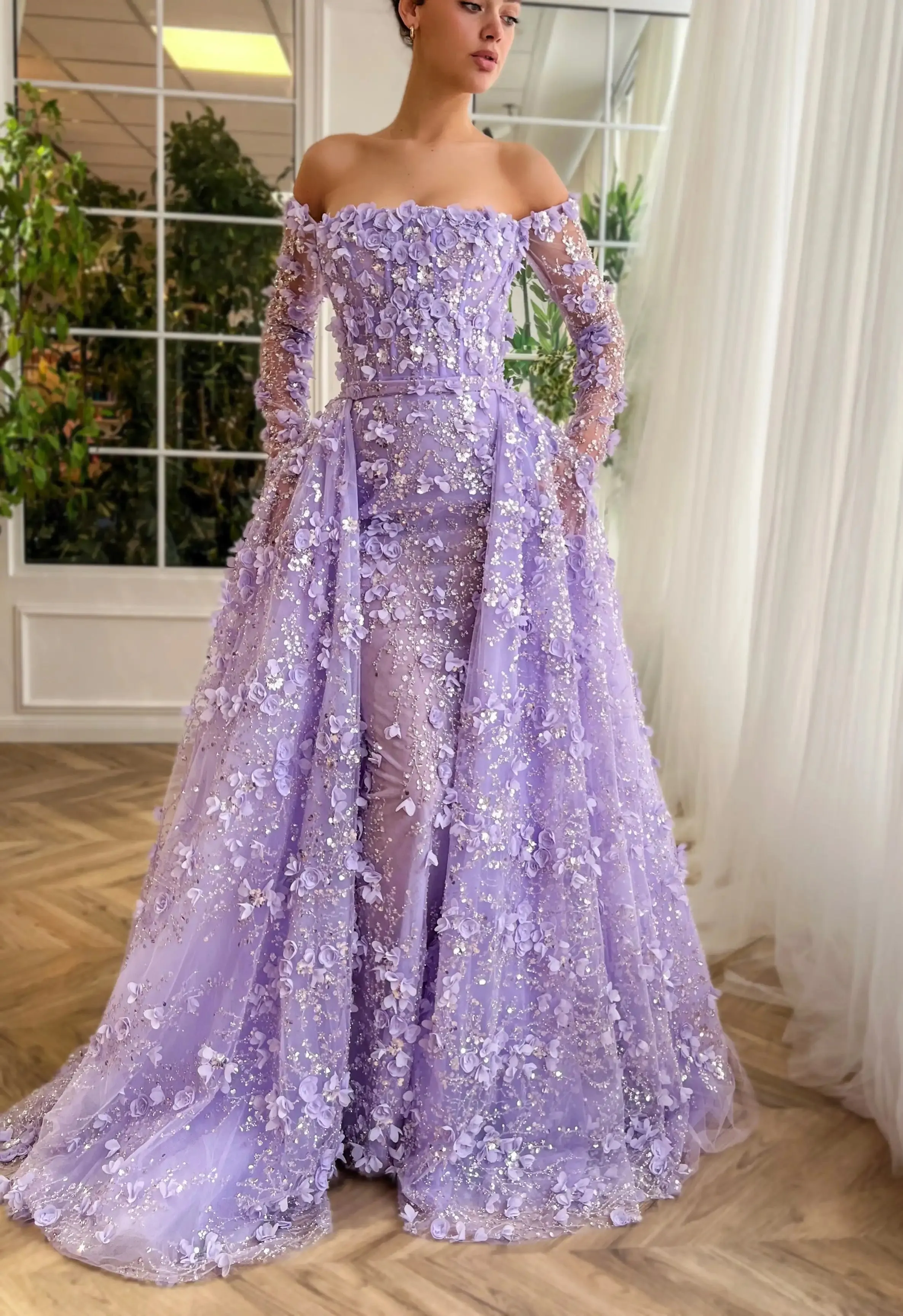 3D Floral Pink Evening Gown with Overskirt