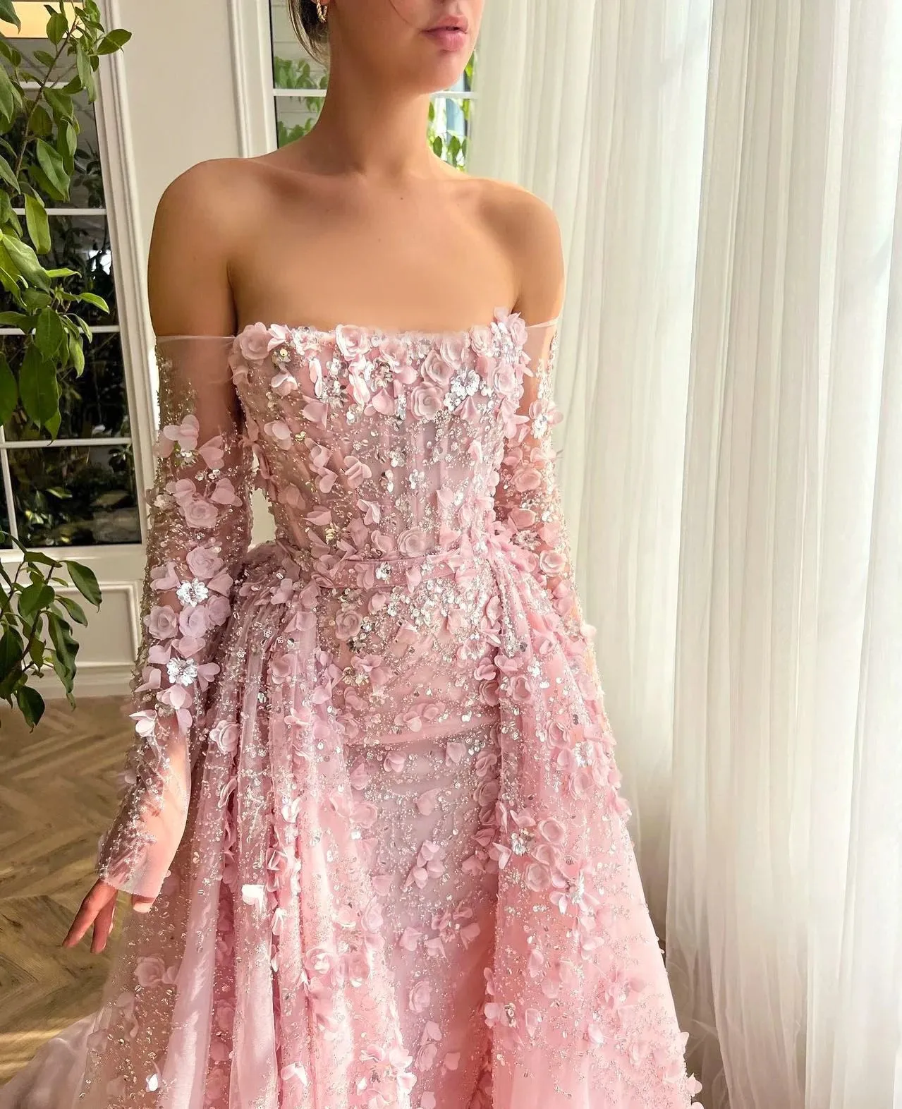 3D Floral Pink Evening Gown with Overskirt