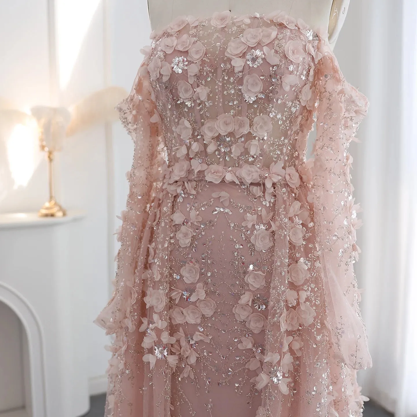3D Floral Pink Evening Gown with Overskirt