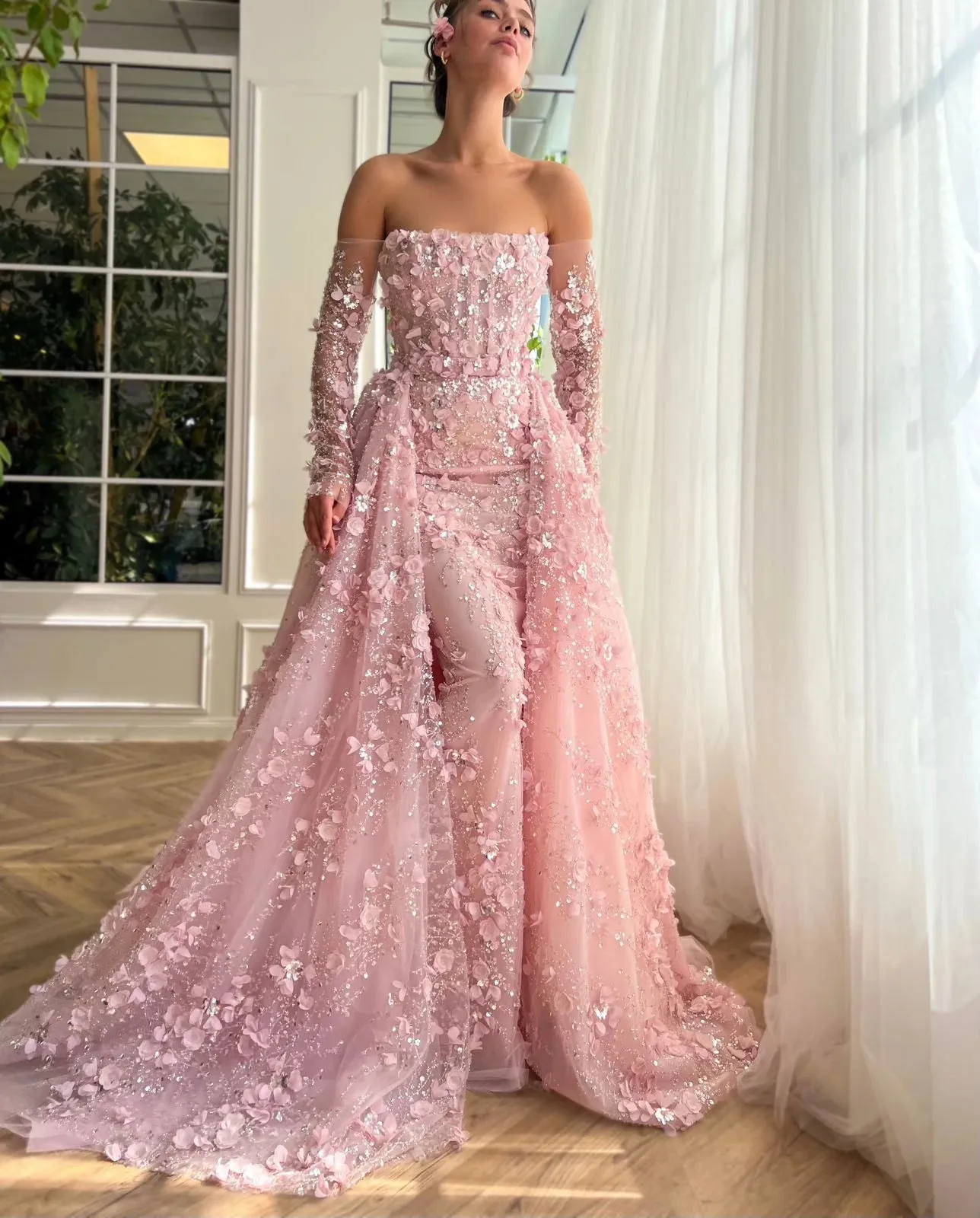 3D Floral Pink Evening Gown with Overskirt