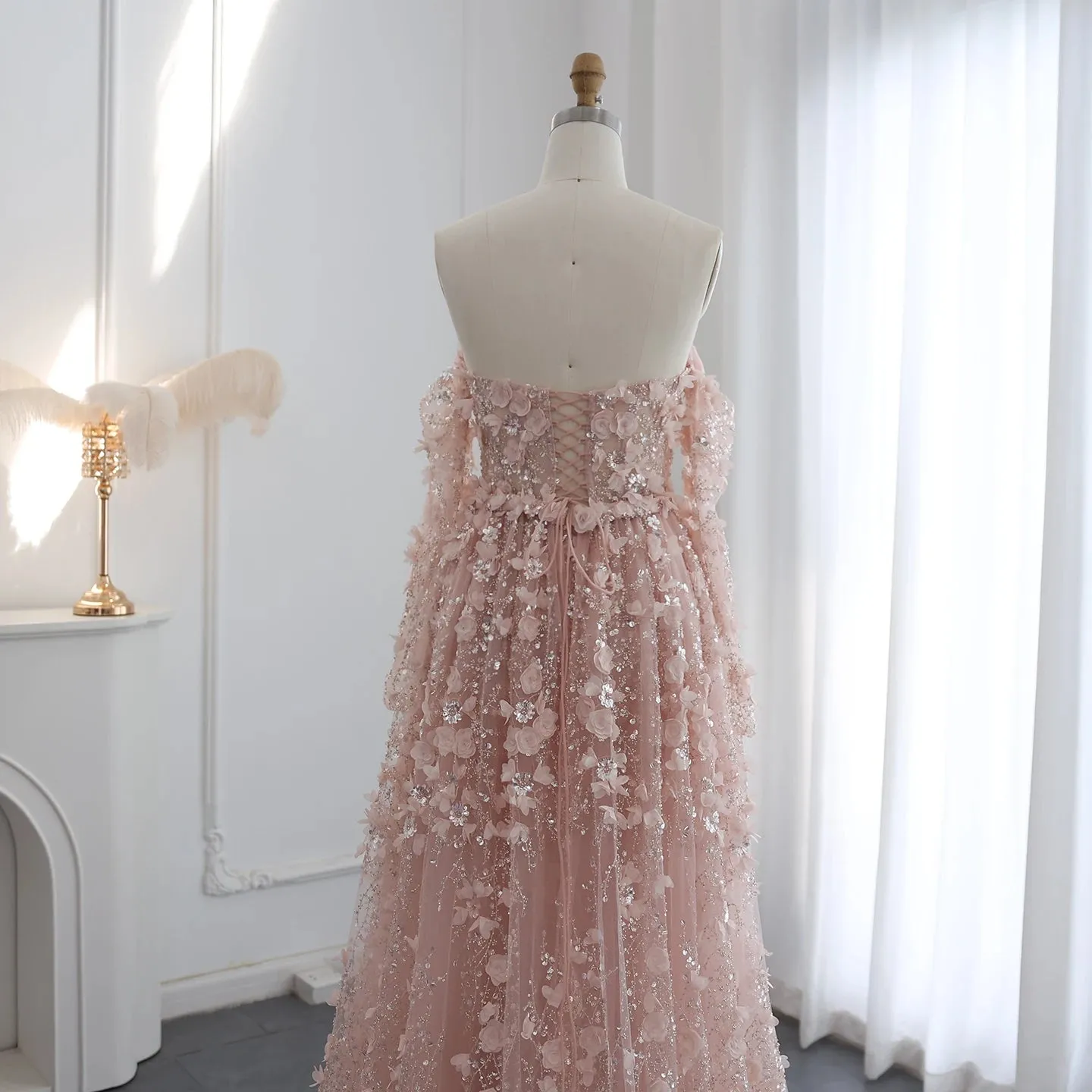 3D Floral Pink Evening Gown with Overskirt