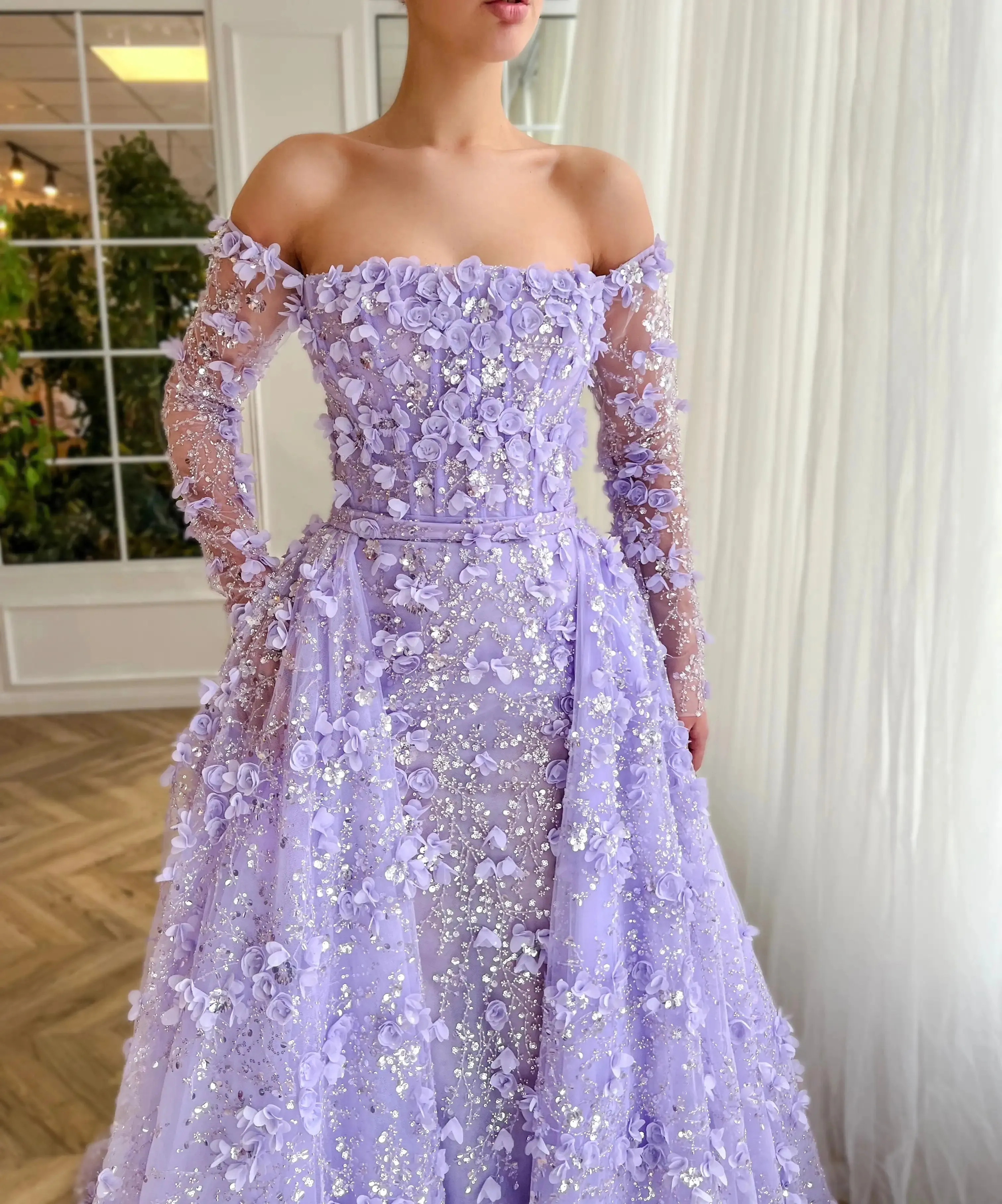 3D Floral Pink Evening Gown with Overskirt