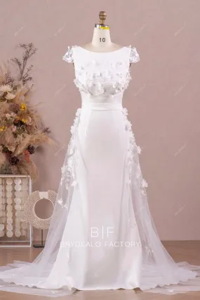3D Flower Lace Overskirt Mermaid Crepe Wedding Dress