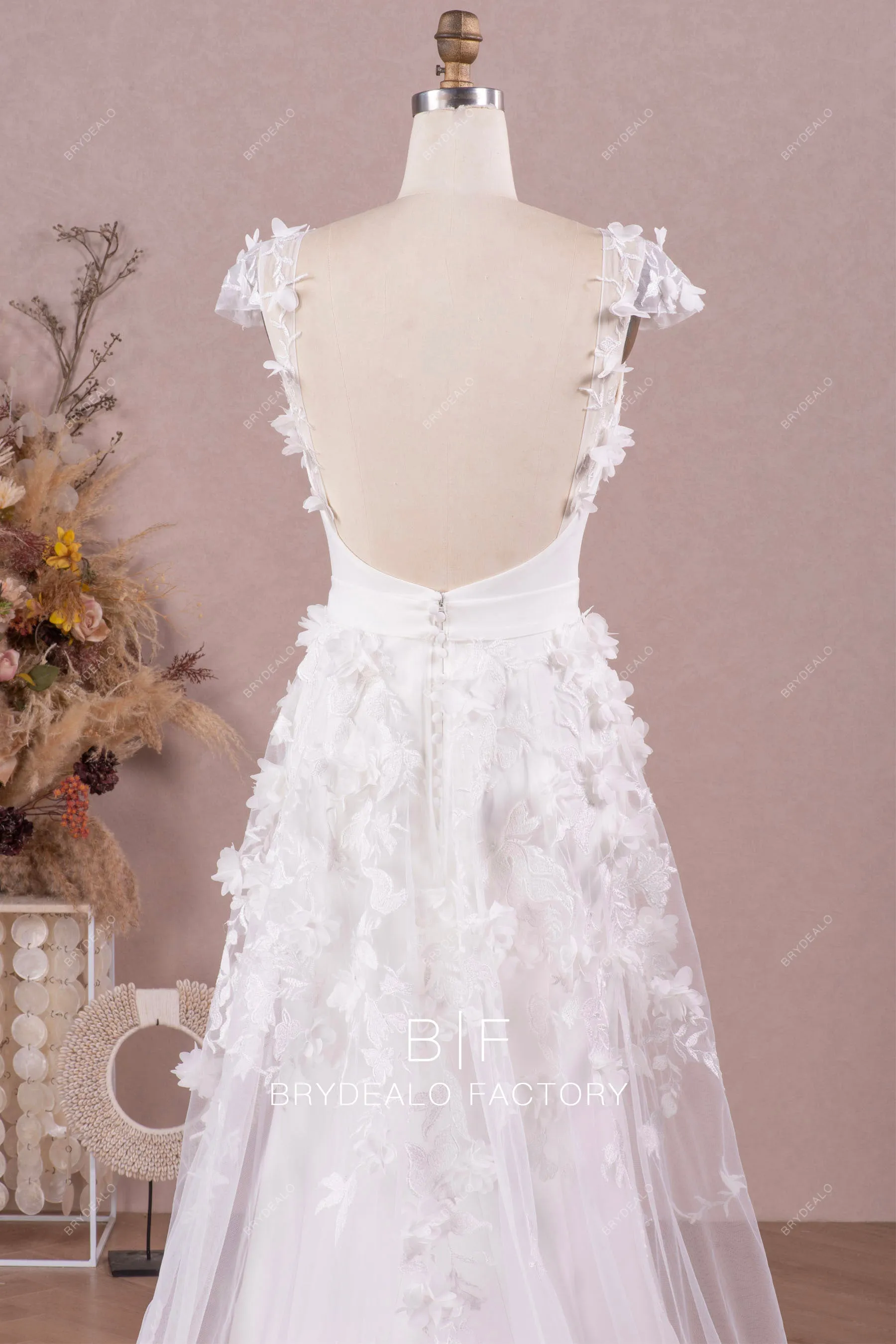 3D Flower Lace Overskirt Mermaid Crepe Wedding Dress