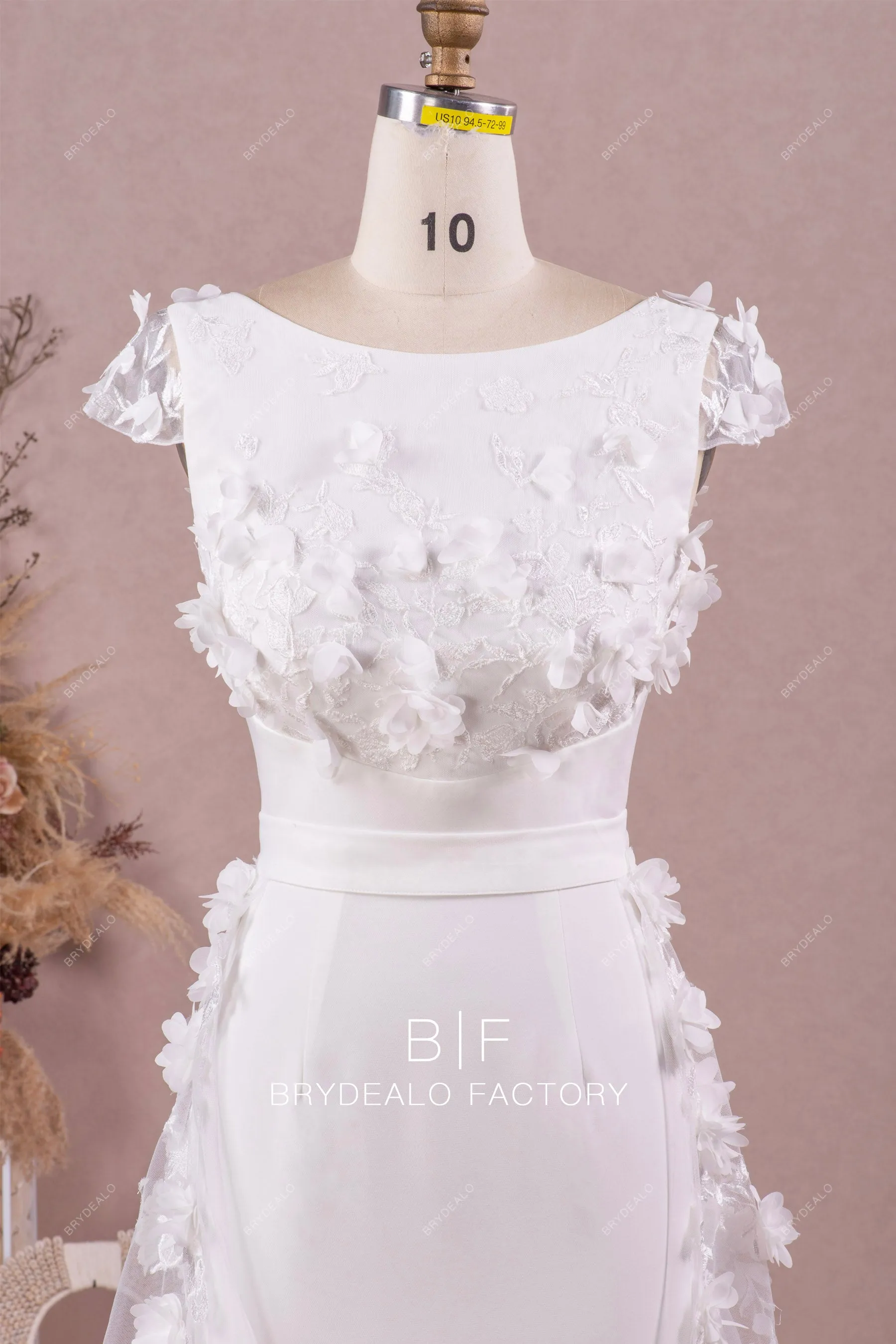 3D Flower Lace Overskirt Mermaid Crepe Wedding Dress