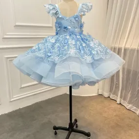 3D Lace Short Flutter Sleeve Knee Length Flower Girl Dress