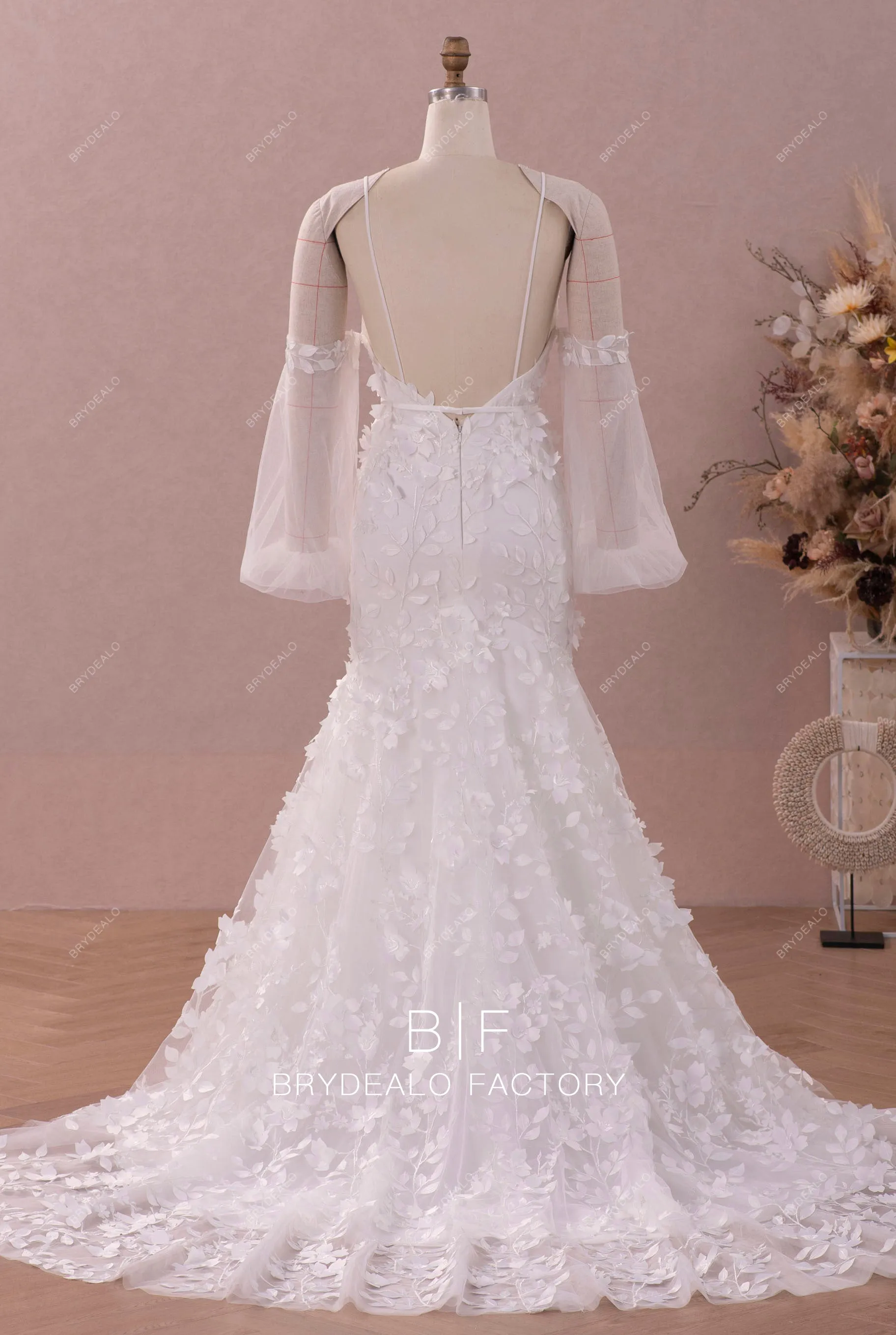 3D Leaf Lace Off Shoulder Mermaid Fairytale Bridal Dress