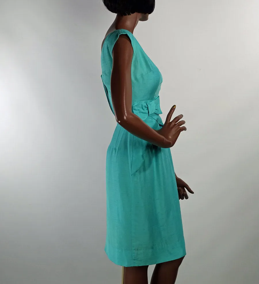 50s Sheath Dress Vintage Aqua 60s Fitted Peplum Draped XS Teri Junior Jerry Miller VFG