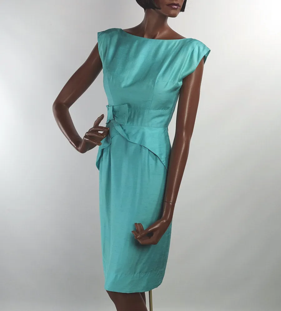 50s Sheath Dress Vintage Aqua 60s Fitted Peplum Draped XS Teri Junior Jerry Miller VFG