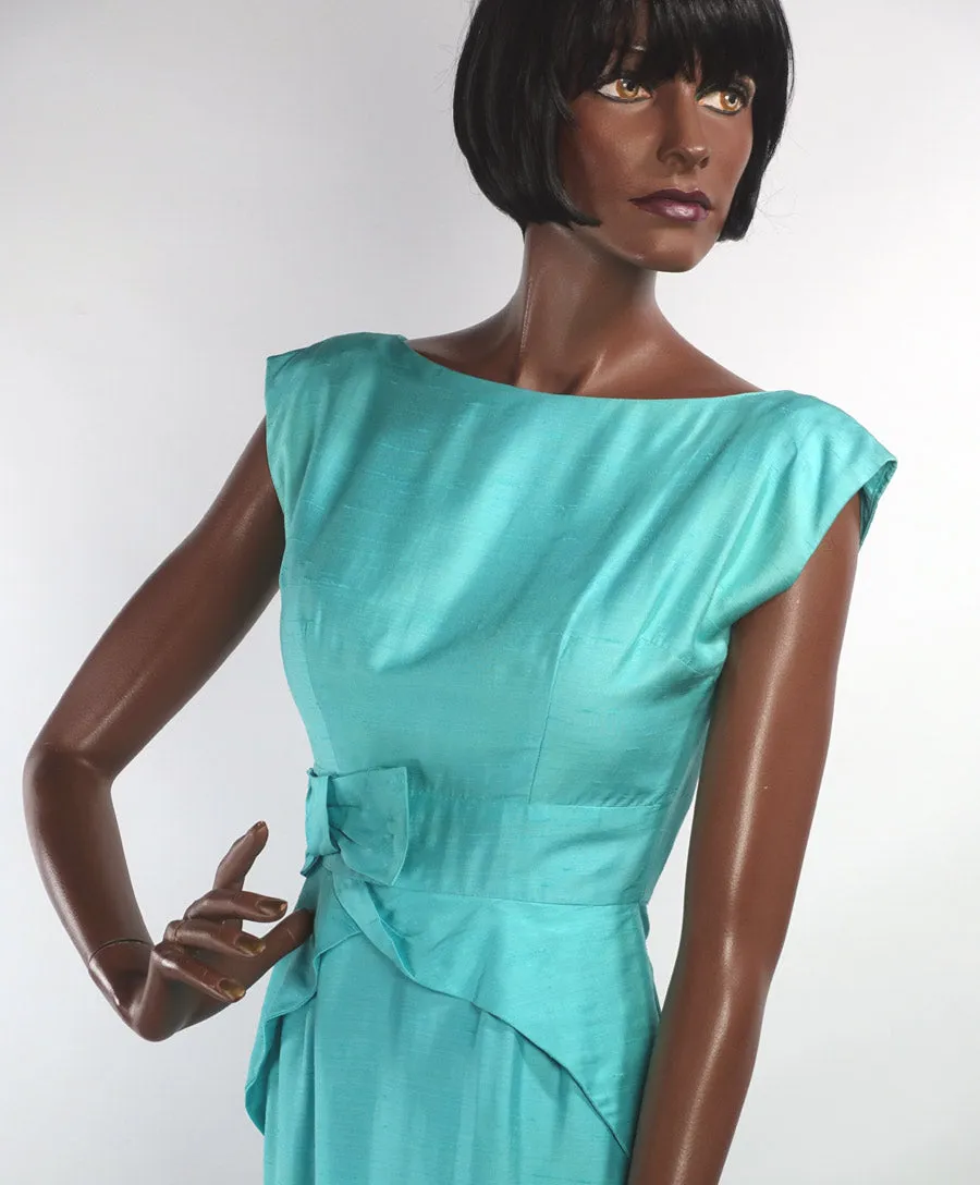 50s Sheath Dress Vintage Aqua 60s Fitted Peplum Draped XS Teri Junior Jerry Miller VFG