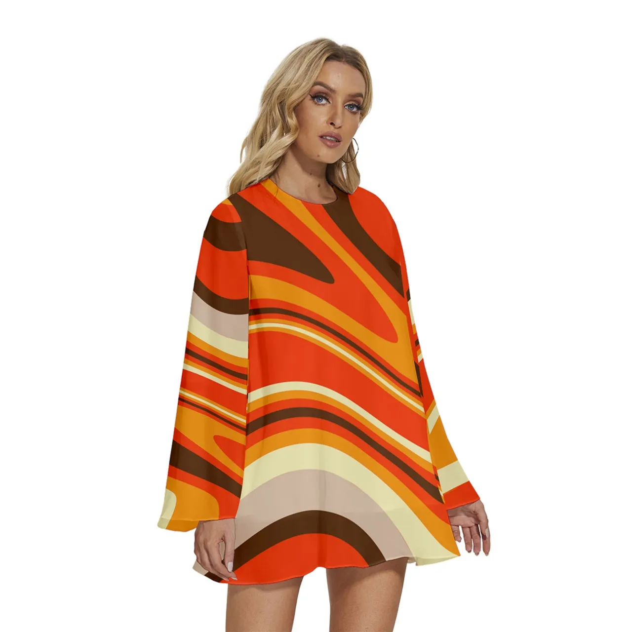 70s Dress Style, Orange Groovy Dress, Disco Dress,  Bell Sleeve Dress, Vintage 70s Style Tent Dress