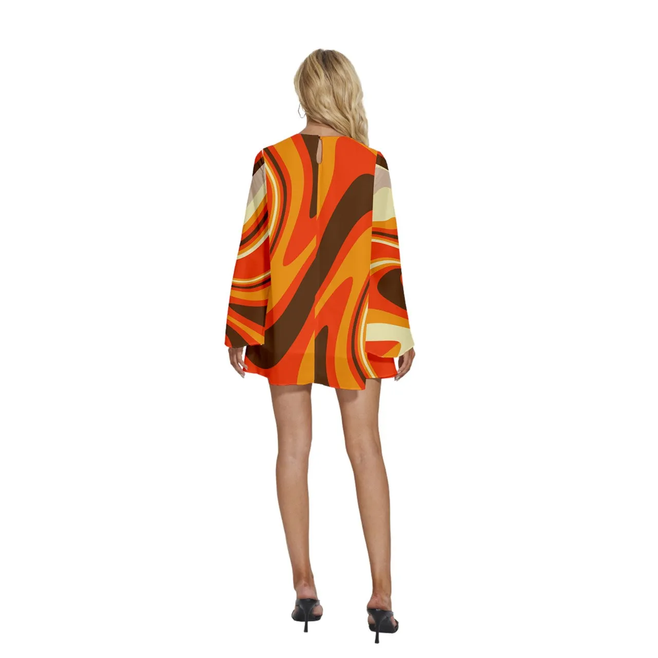 70s Dress Style, Orange Groovy Dress, Disco Dress,  Bell Sleeve Dress, Vintage 70s Style Tent Dress