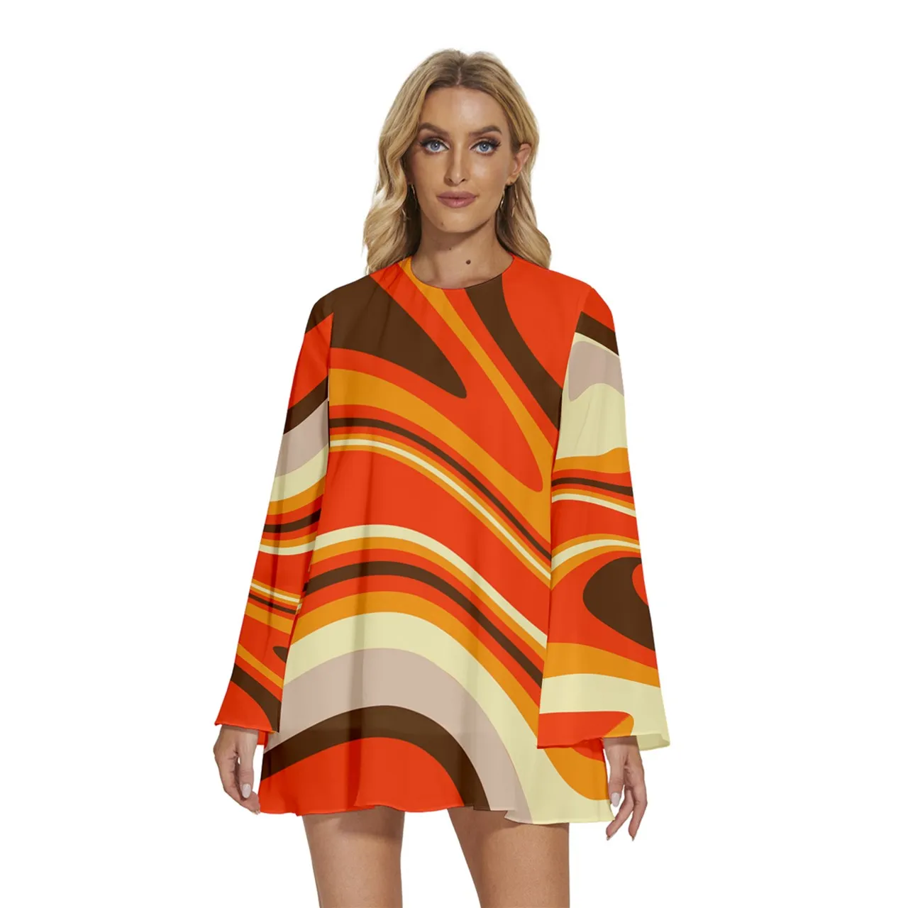 70s Dress Style, Orange Groovy Dress, Disco Dress,  Bell Sleeve Dress, Vintage 70s Style Tent Dress