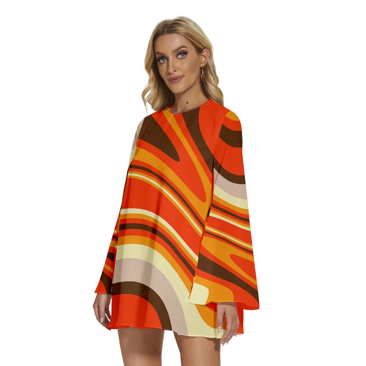 70s Dress Style, Orange Groovy Dress, Disco Dress,  Bell Sleeve Dress, Vintage 70s Style Tent Dress