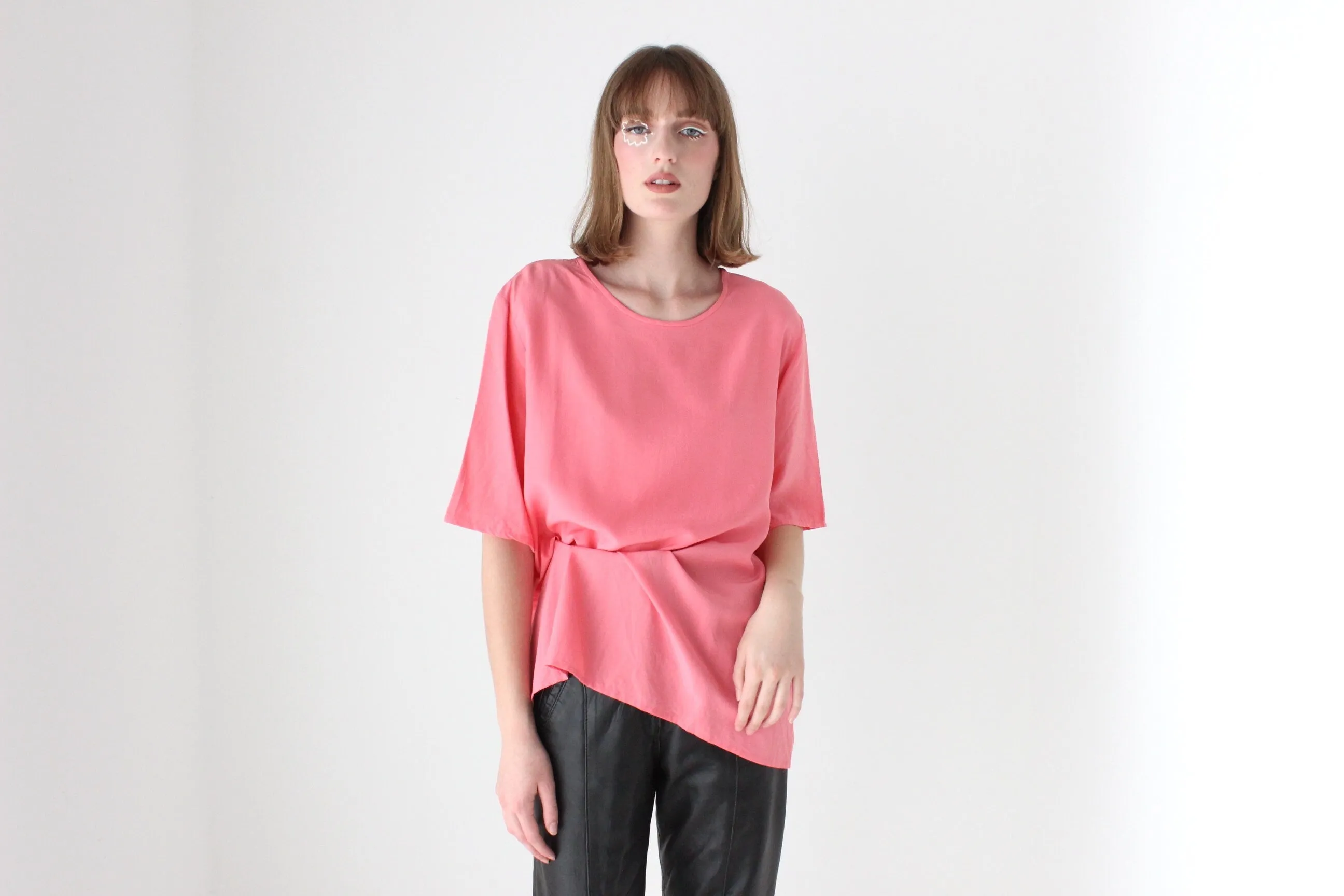 80s Bubblegum Pink Pure Silk Relaxed, Minimal Tee Top