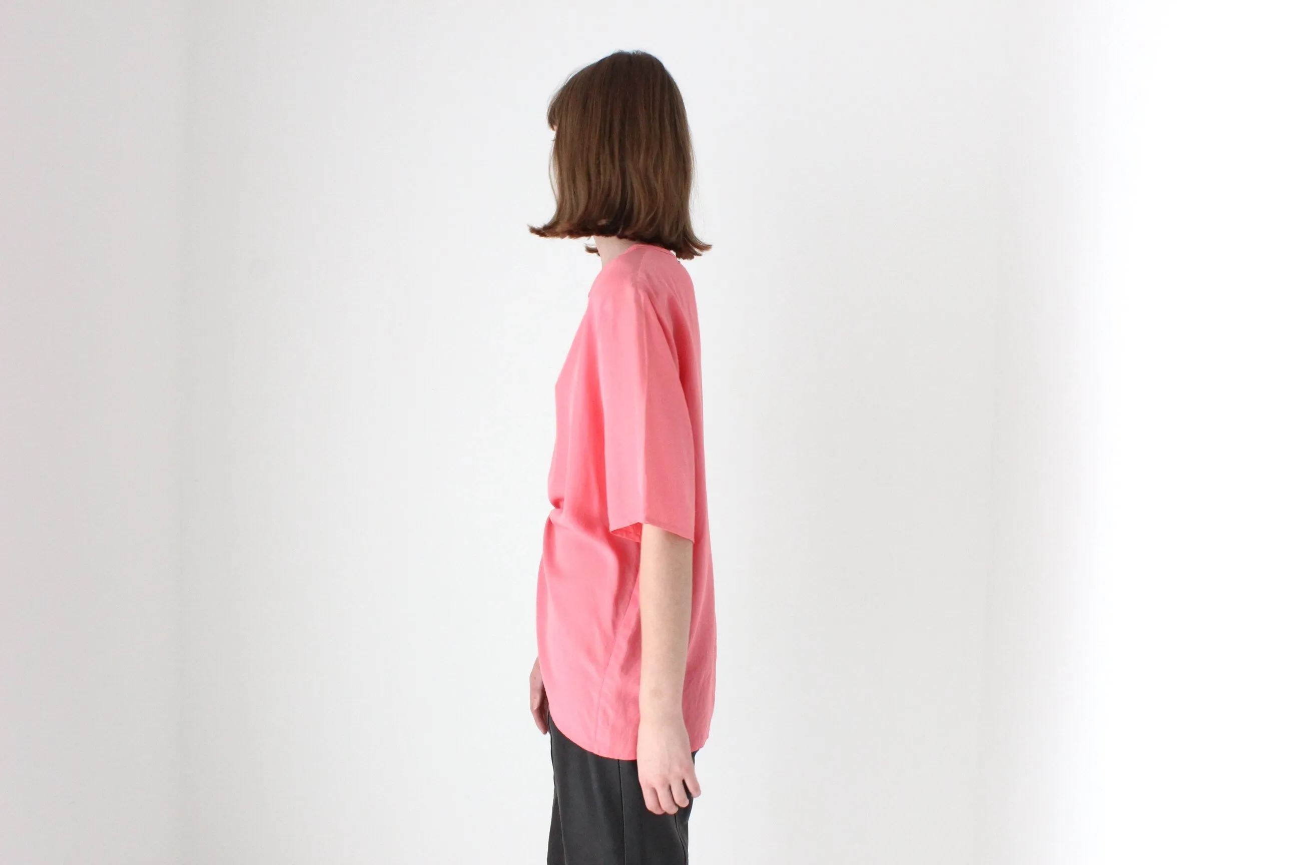 80s Bubblegum Pink Pure Silk Relaxed, Minimal Tee Top