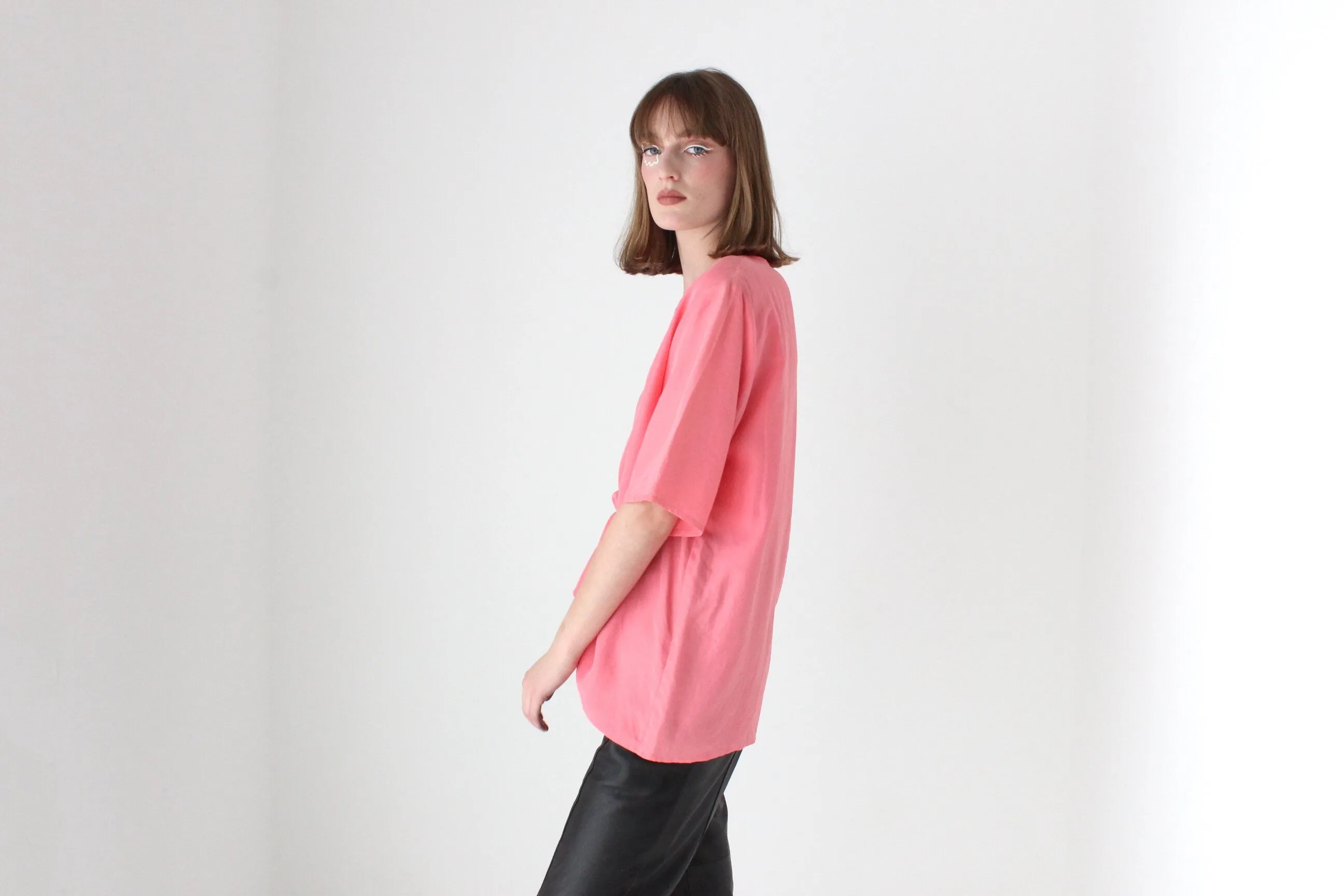 80s Bubblegum Pink Pure Silk Relaxed, Minimal Tee Top