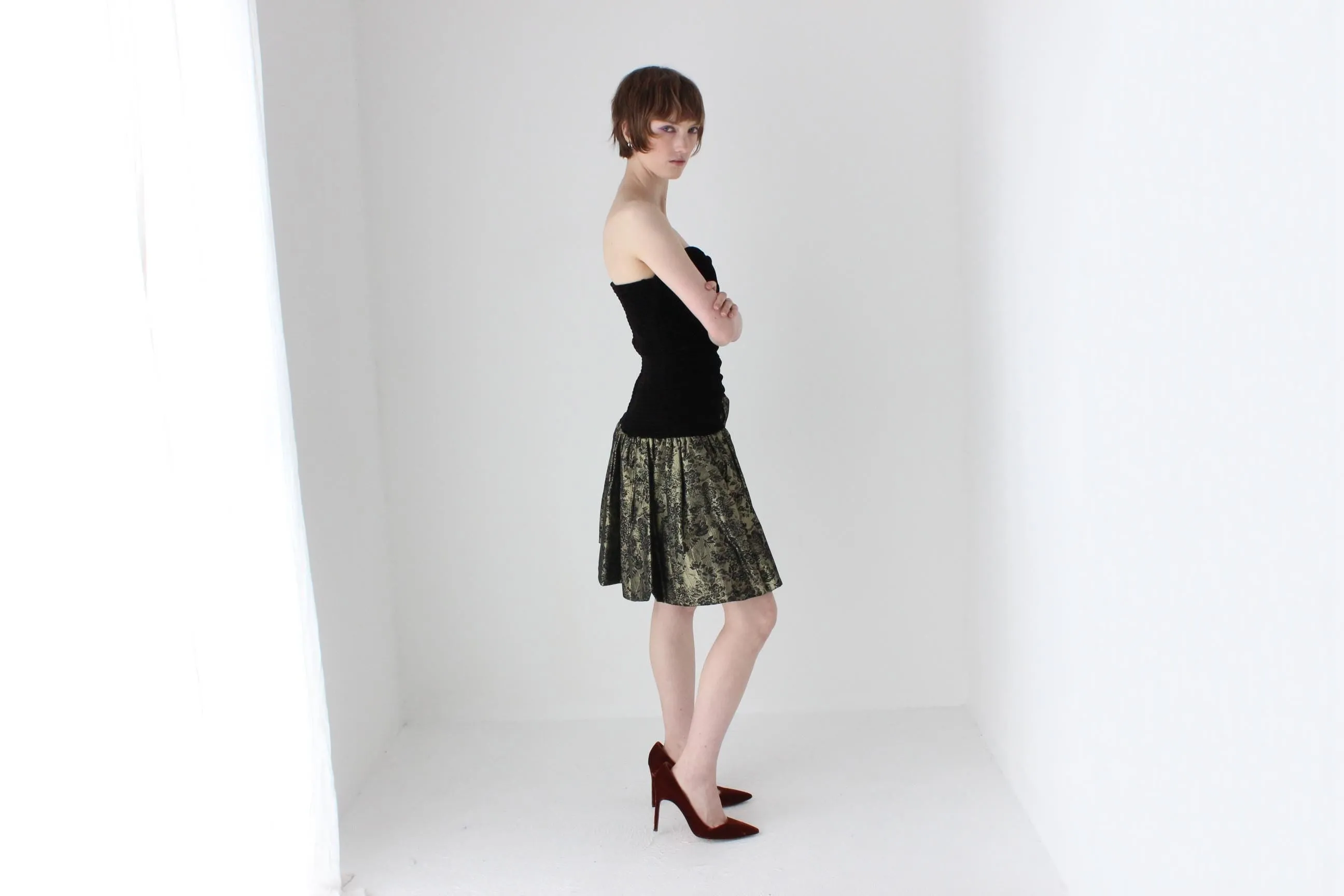 80s Gold Brocade & Black Velvet Strapless Bubble Mini