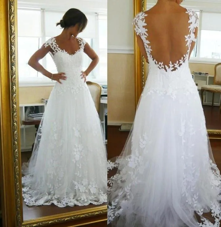 A-Line Lace Straps Wedding Dress,See-through Sleeveless Wedding Gowns
