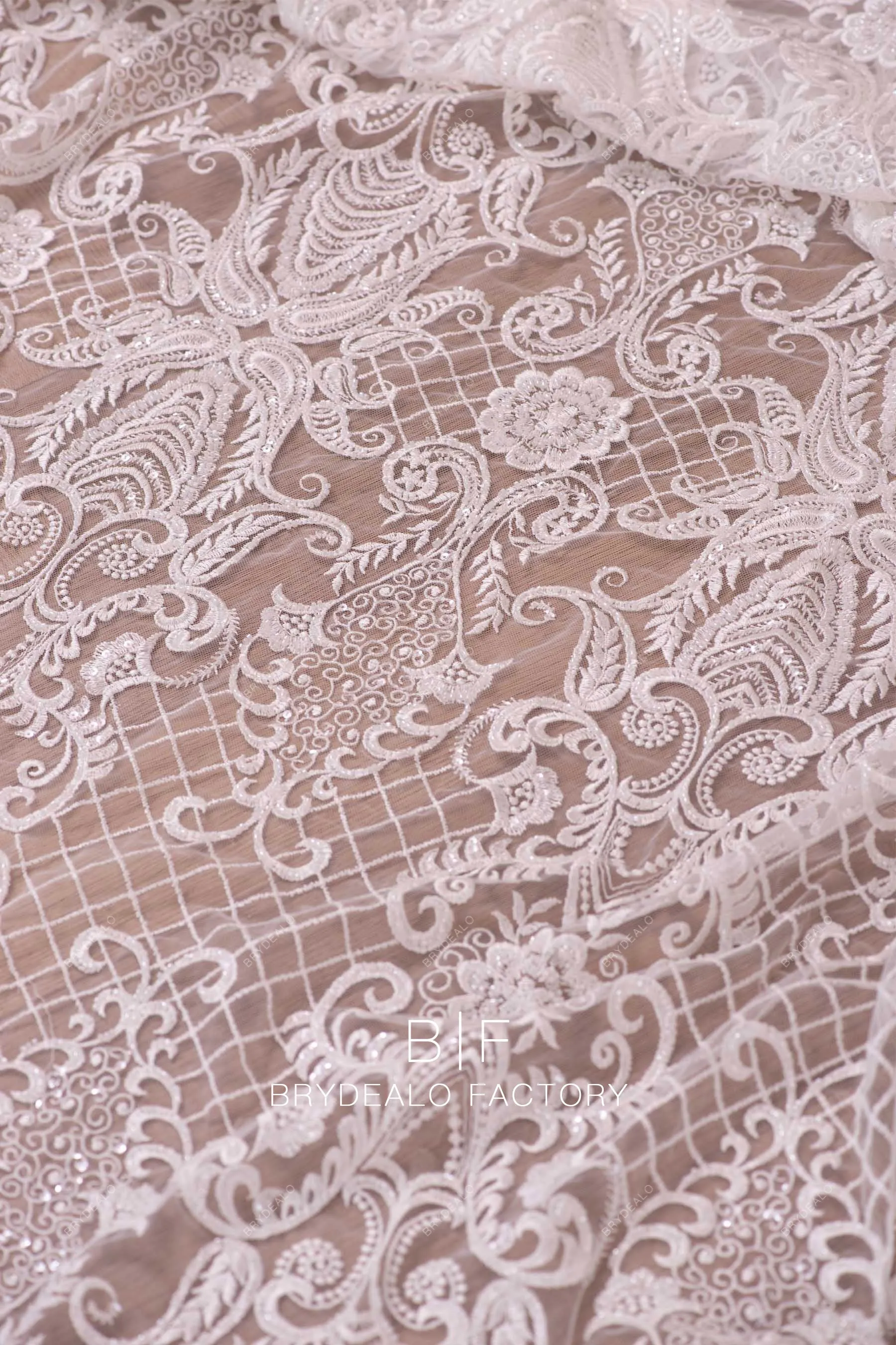 Abstract Beaded Lace Fabric for Wholesale