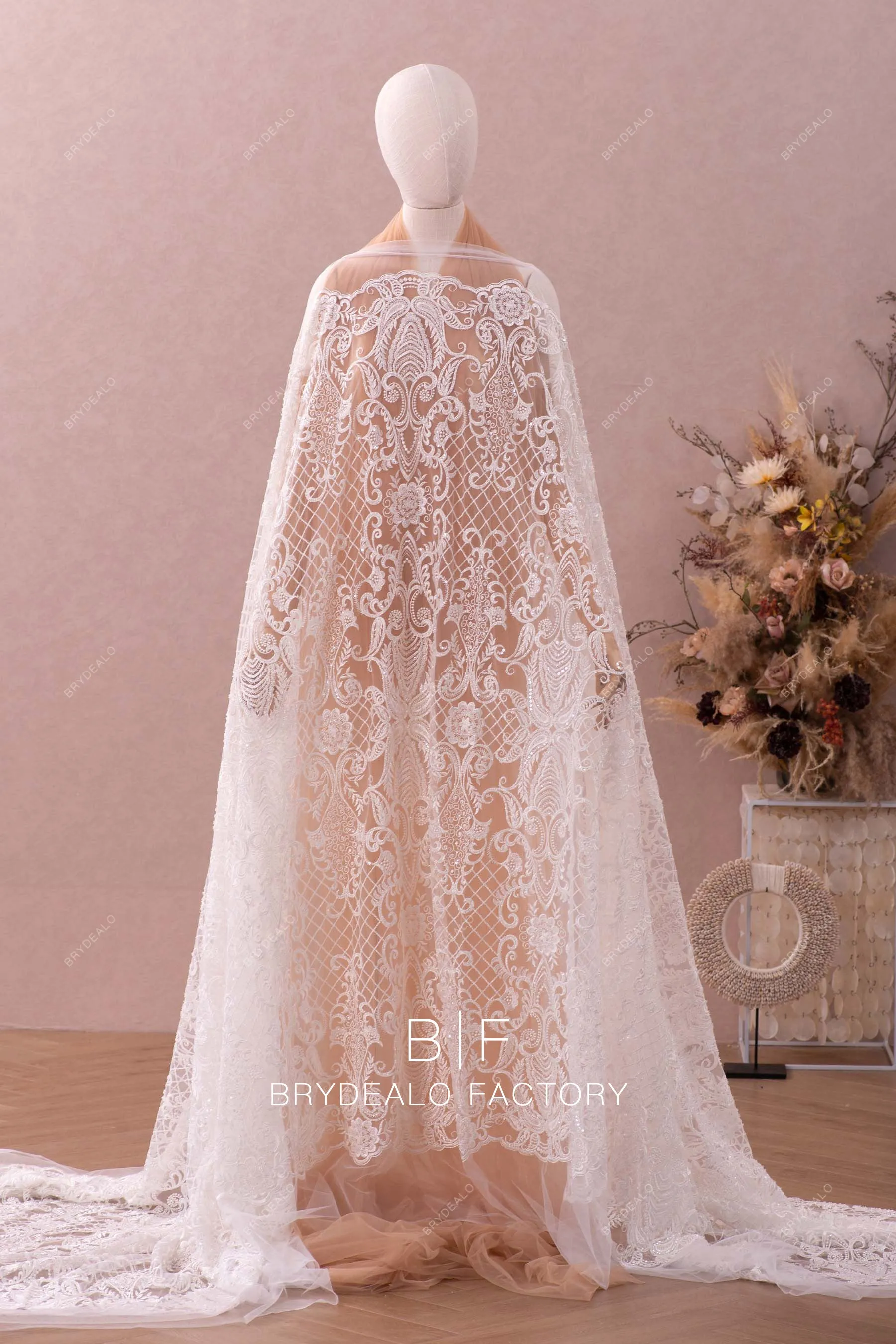 Abstract Beaded Lace Fabric for Wholesale