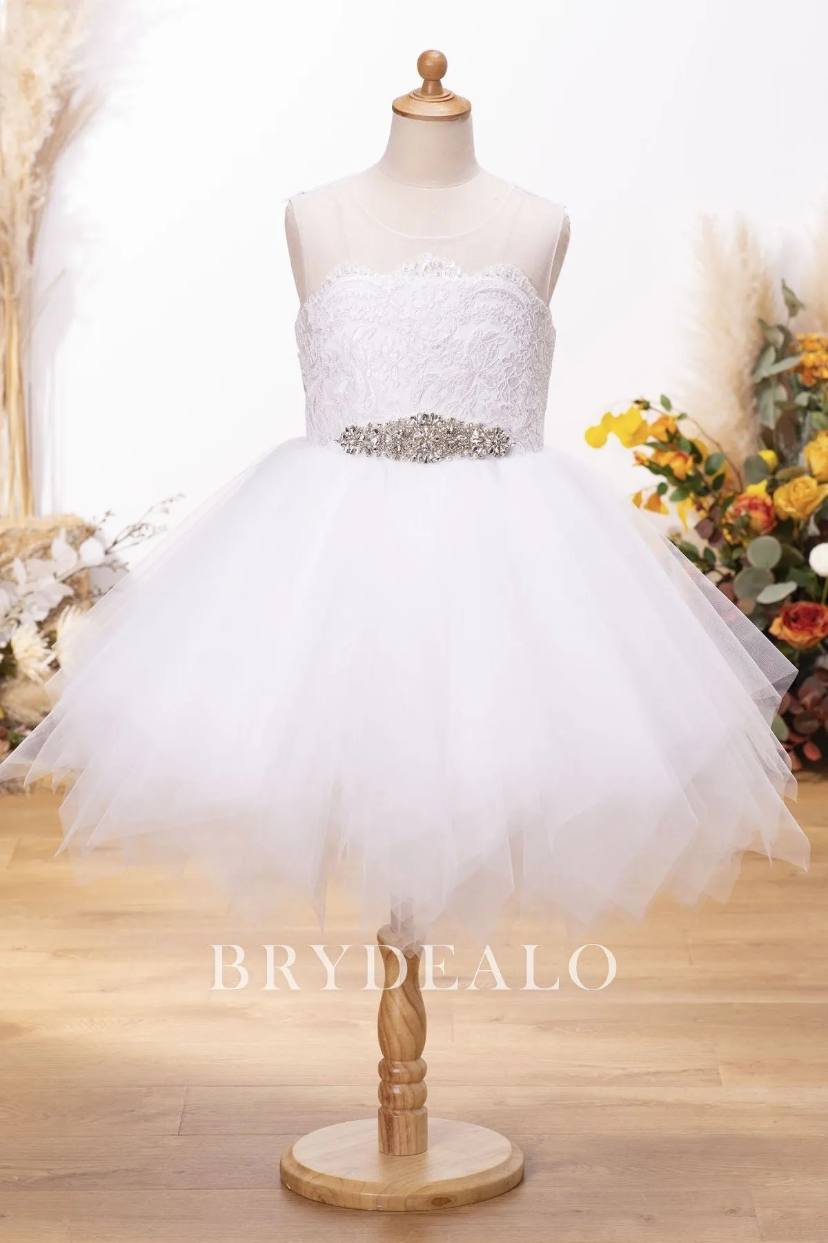 Adorable Lace Tulle Knee Length Keyhole Back Flower Girl Ball Gown