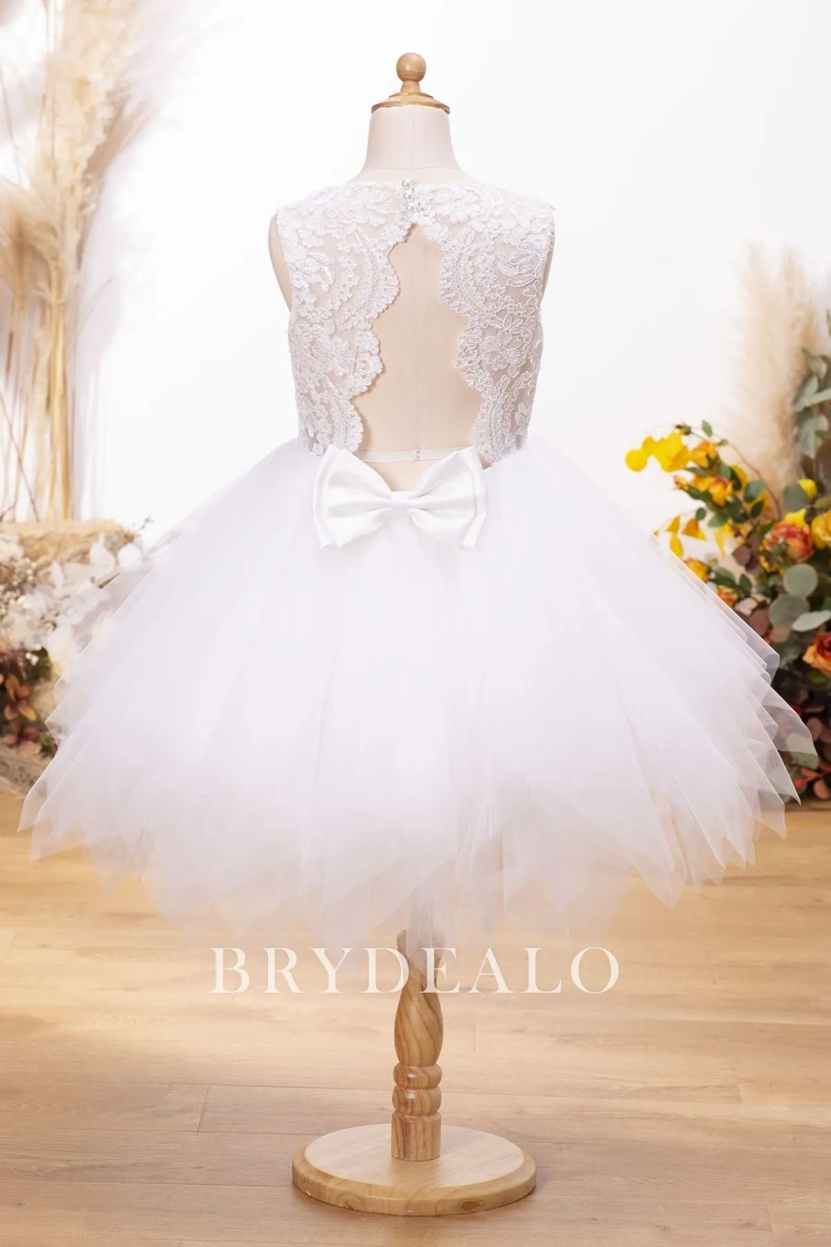 Adorable Lace Tulle Knee Length Keyhole Back Flower Girl Ball Gown