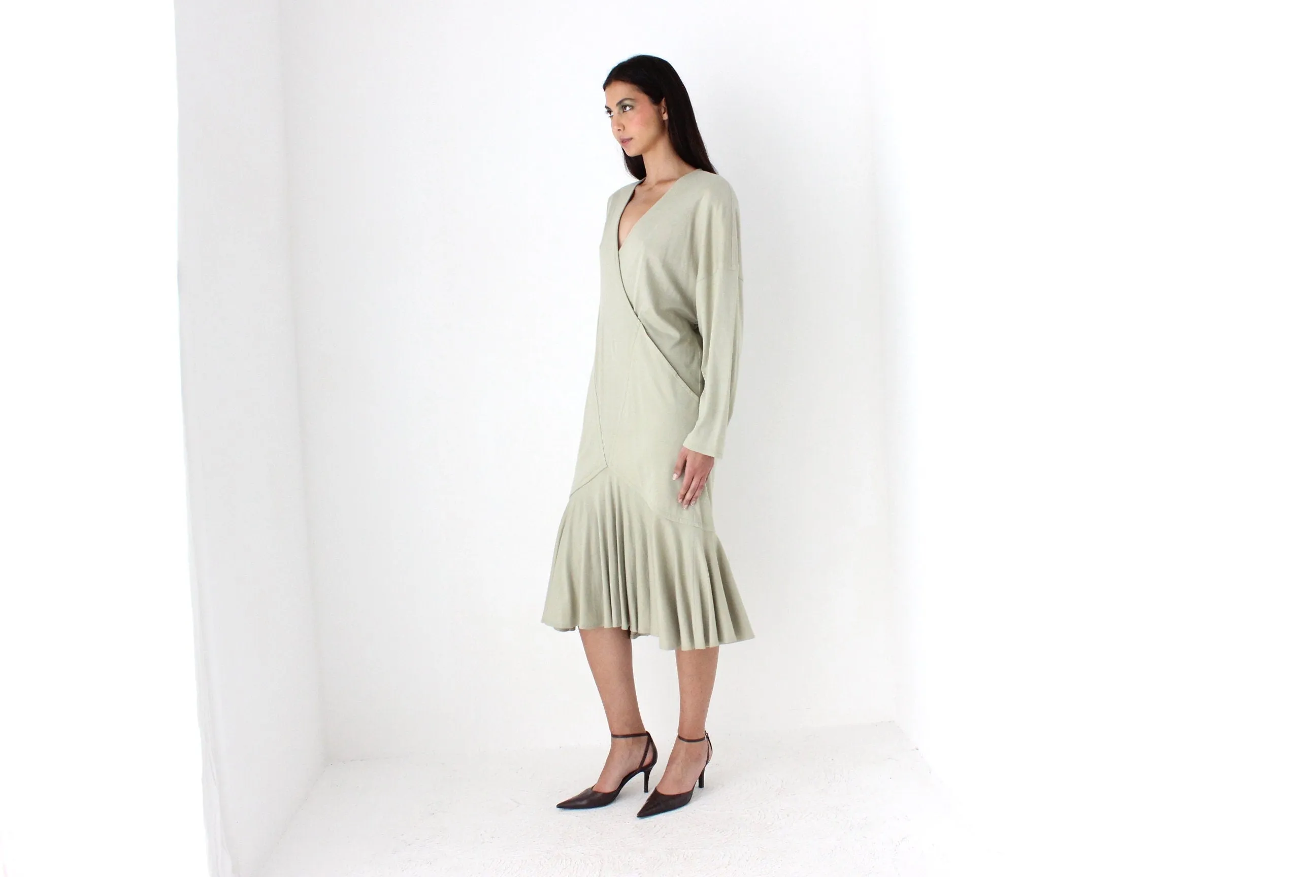 Avant Garde 80s Sage Green Draped Cocoon Dress