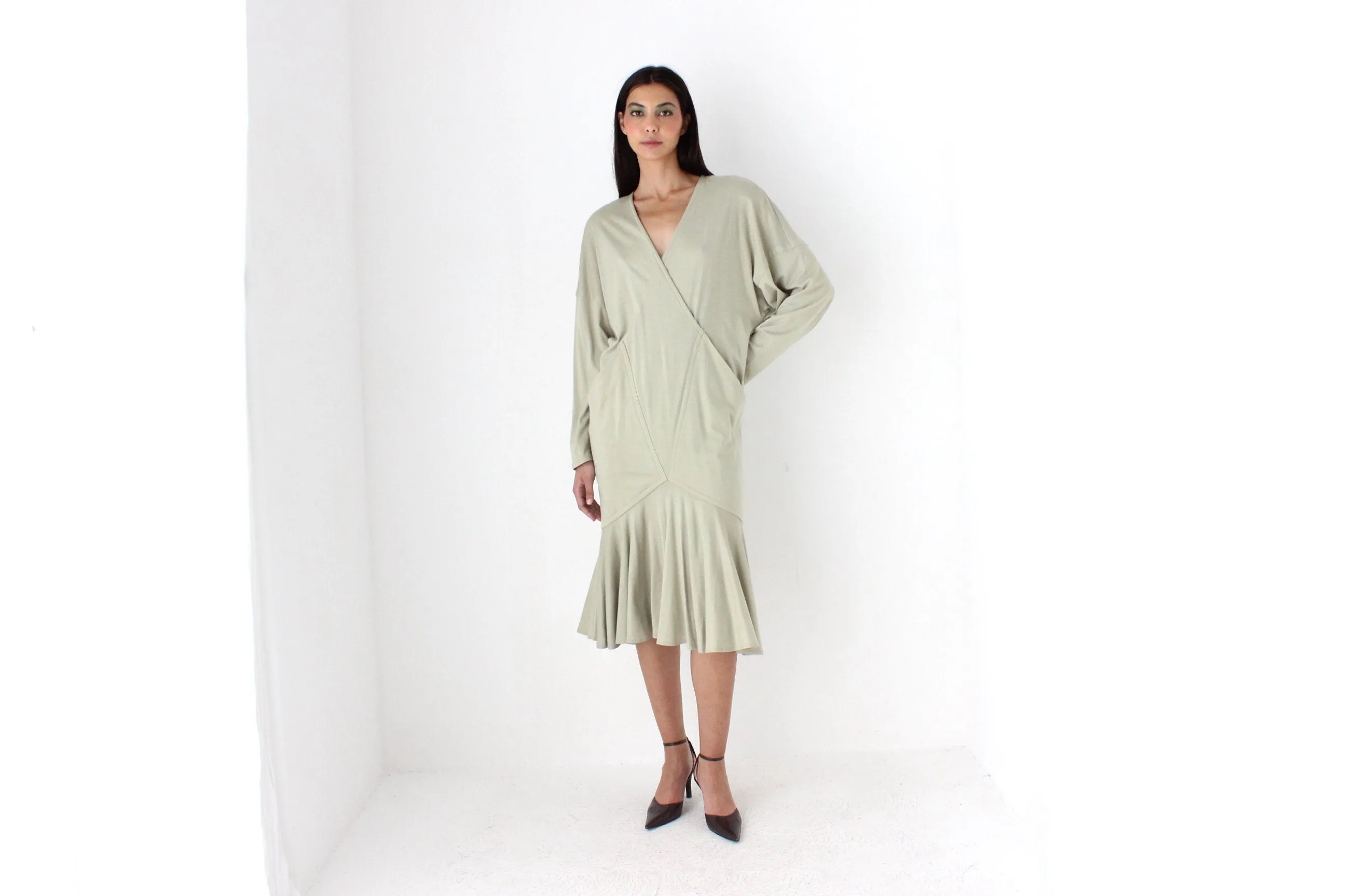 Avant Garde 80s Sage Green Draped Cocoon Dress