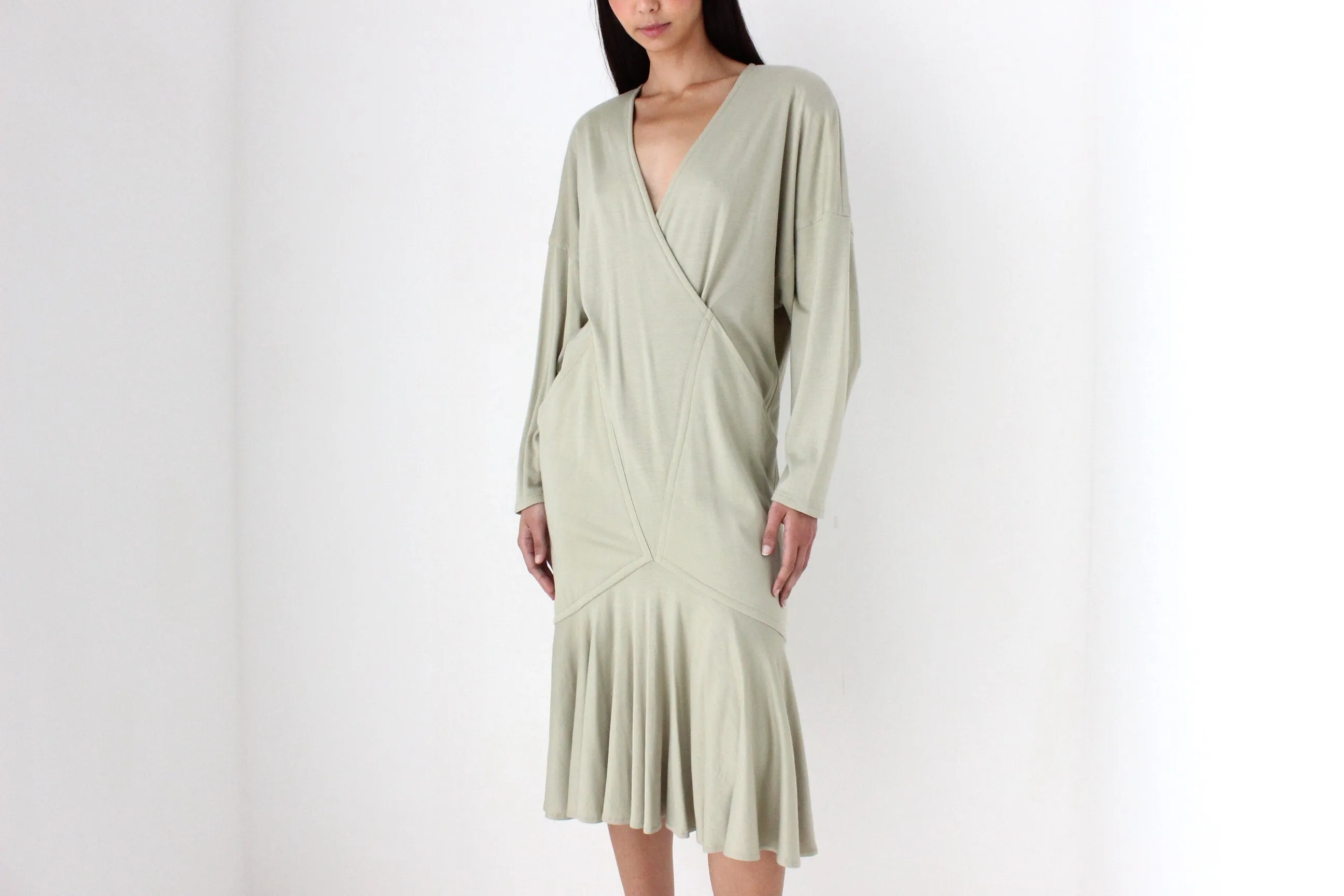 Avant Garde 80s Sage Green Draped Cocoon Dress