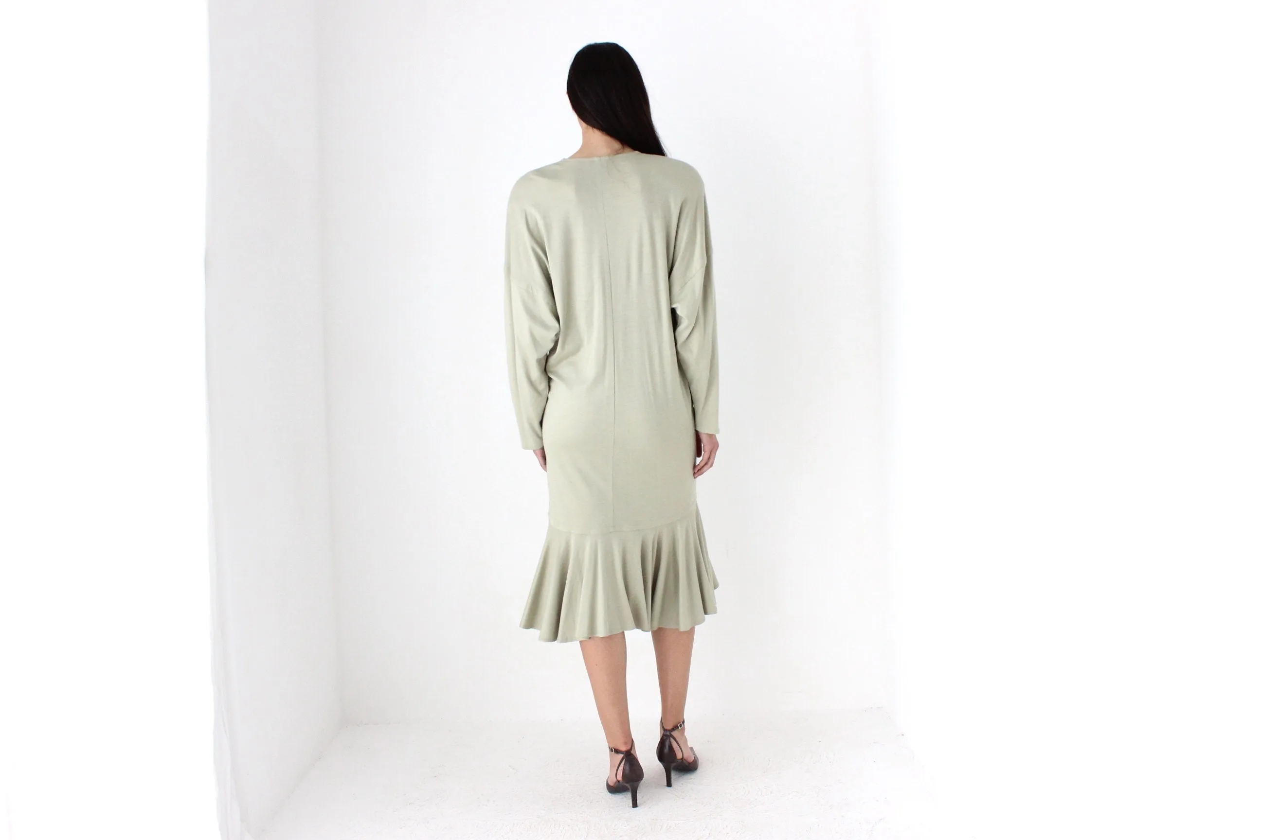 Avant Garde 80s Sage Green Draped Cocoon Dress