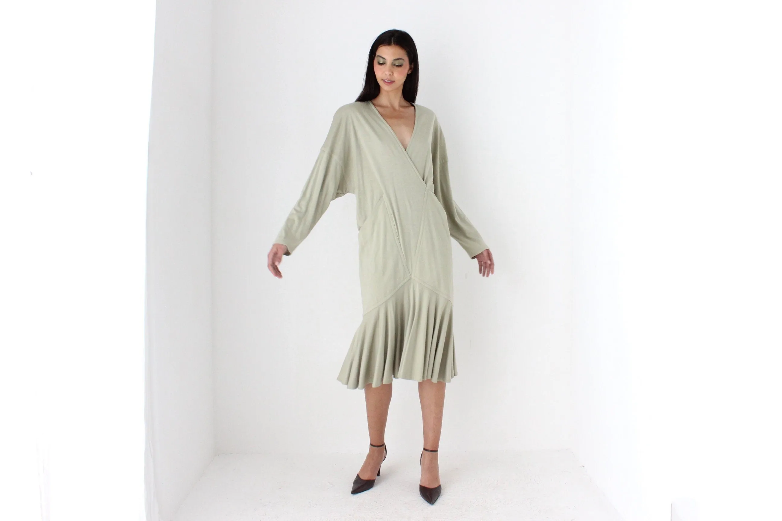 Avant Garde 80s Sage Green Draped Cocoon Dress
