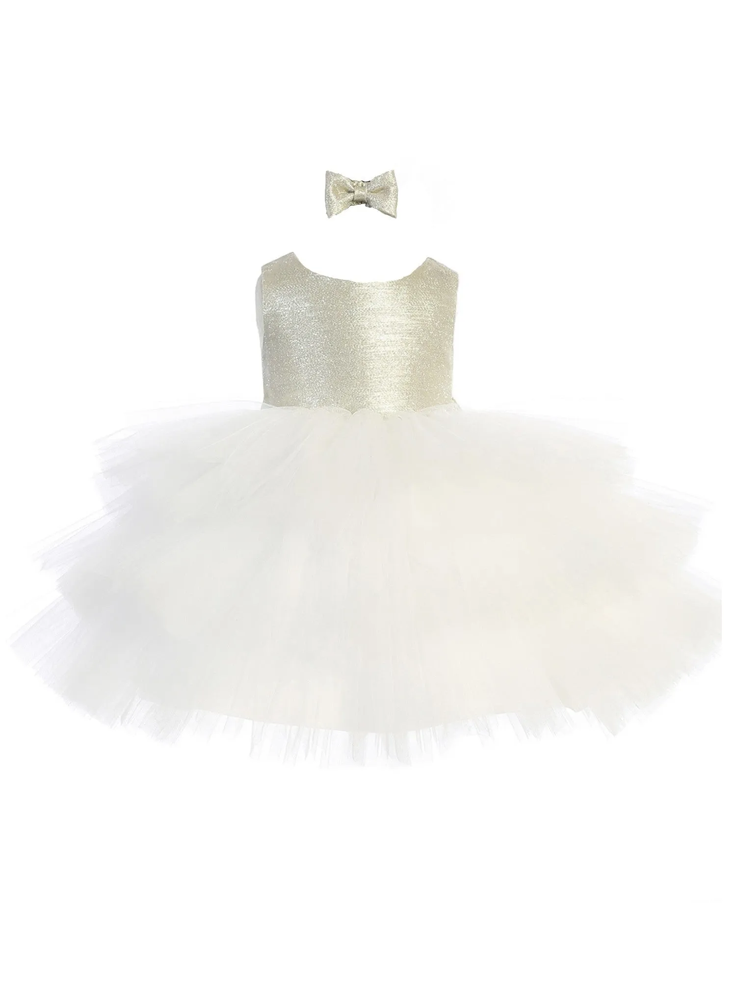 Baby Girls Ivory-Gold Metallic Glitter Layered Tulle Flower Girl Dress 6M-24M
