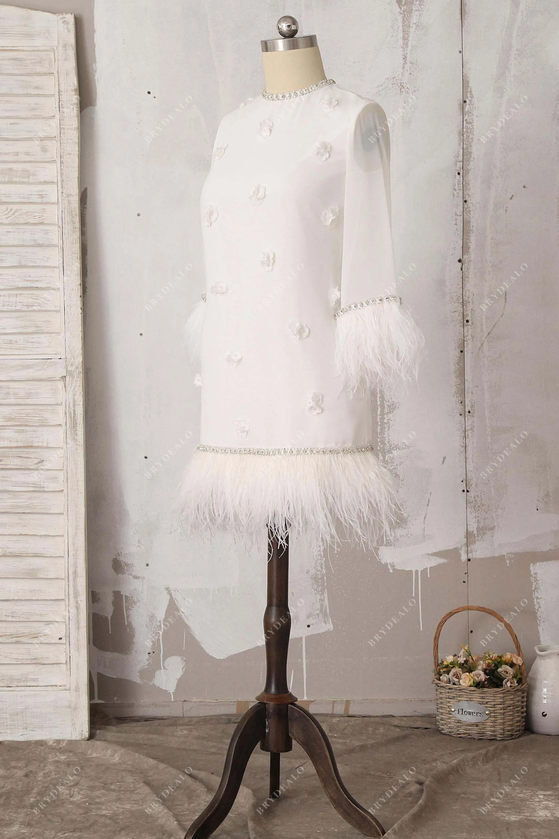 Bead & Feather Ivory 3D Flower Short Bridal Shower Dress