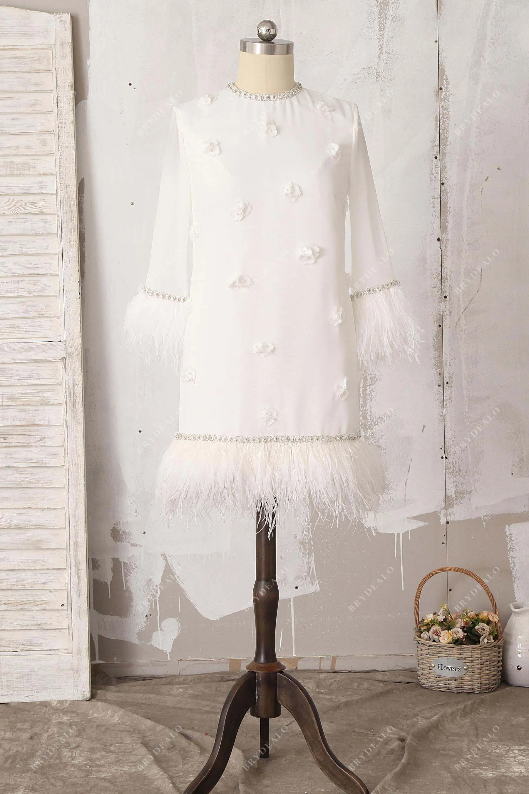 Bead & Feather Ivory 3D Flower Short Bridal Shower Dress