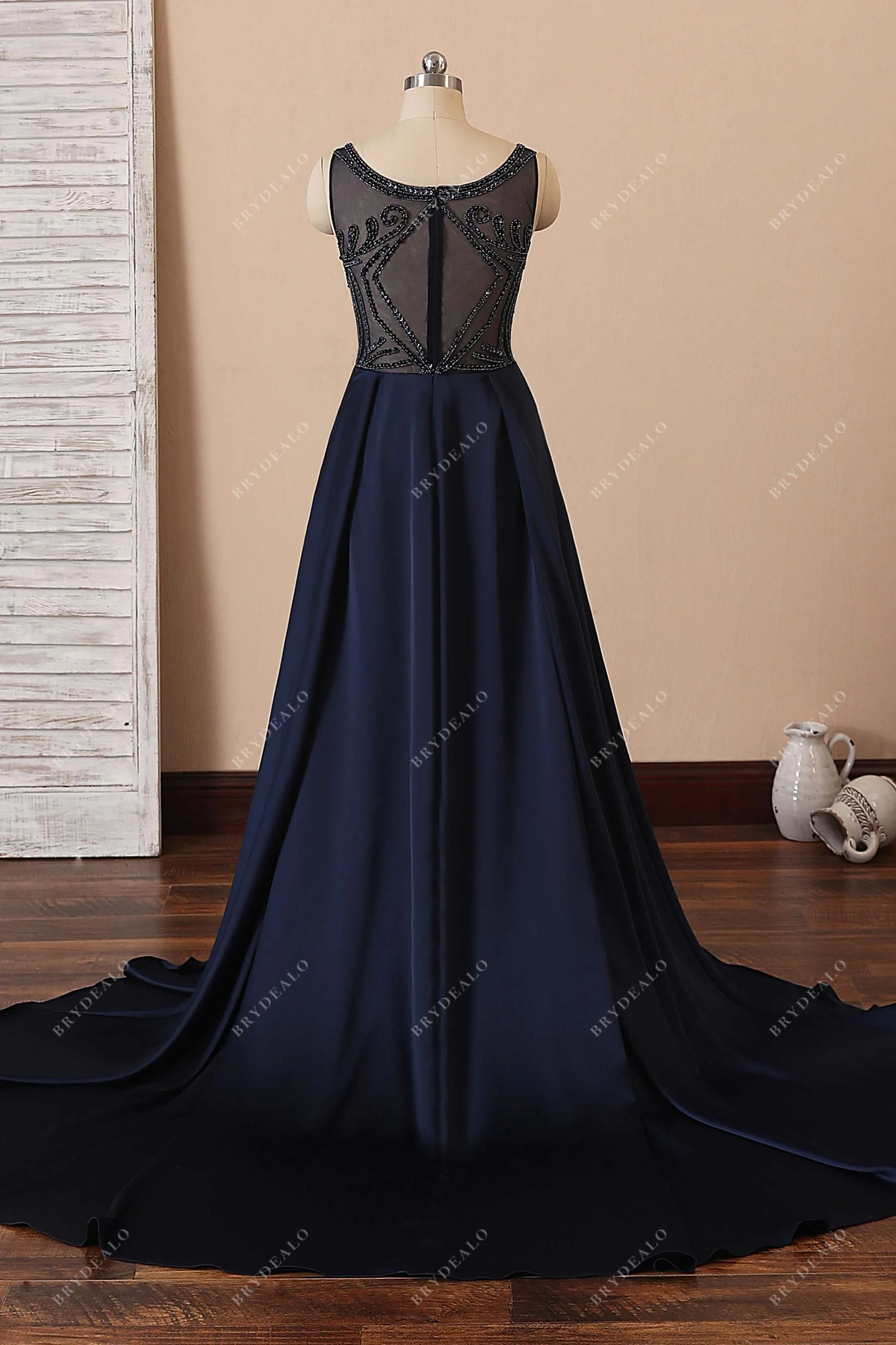 Beaded Bodice Navy Satin Illusion Back A-line Prom Dress