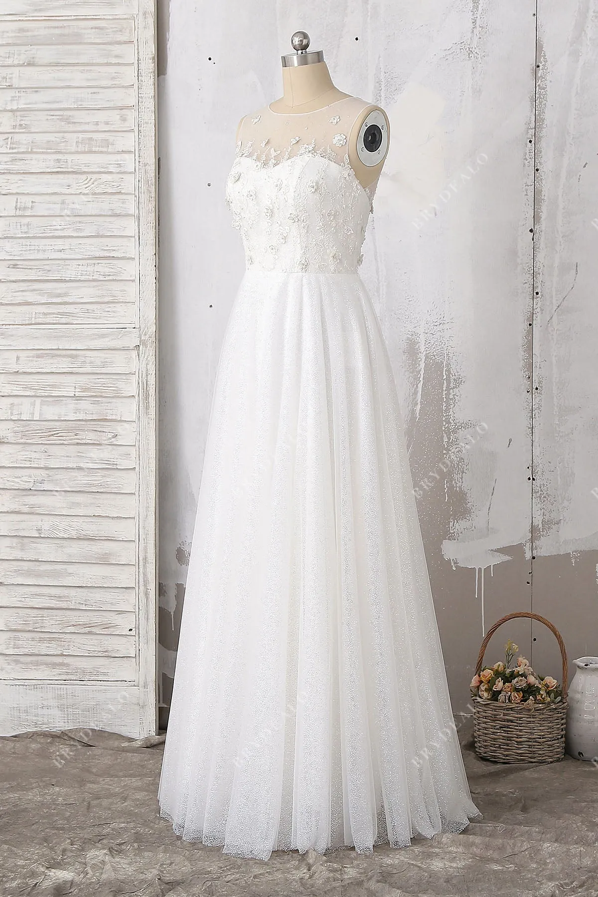 Beaded Floral Lace Glitter Illusion Wedding Dress