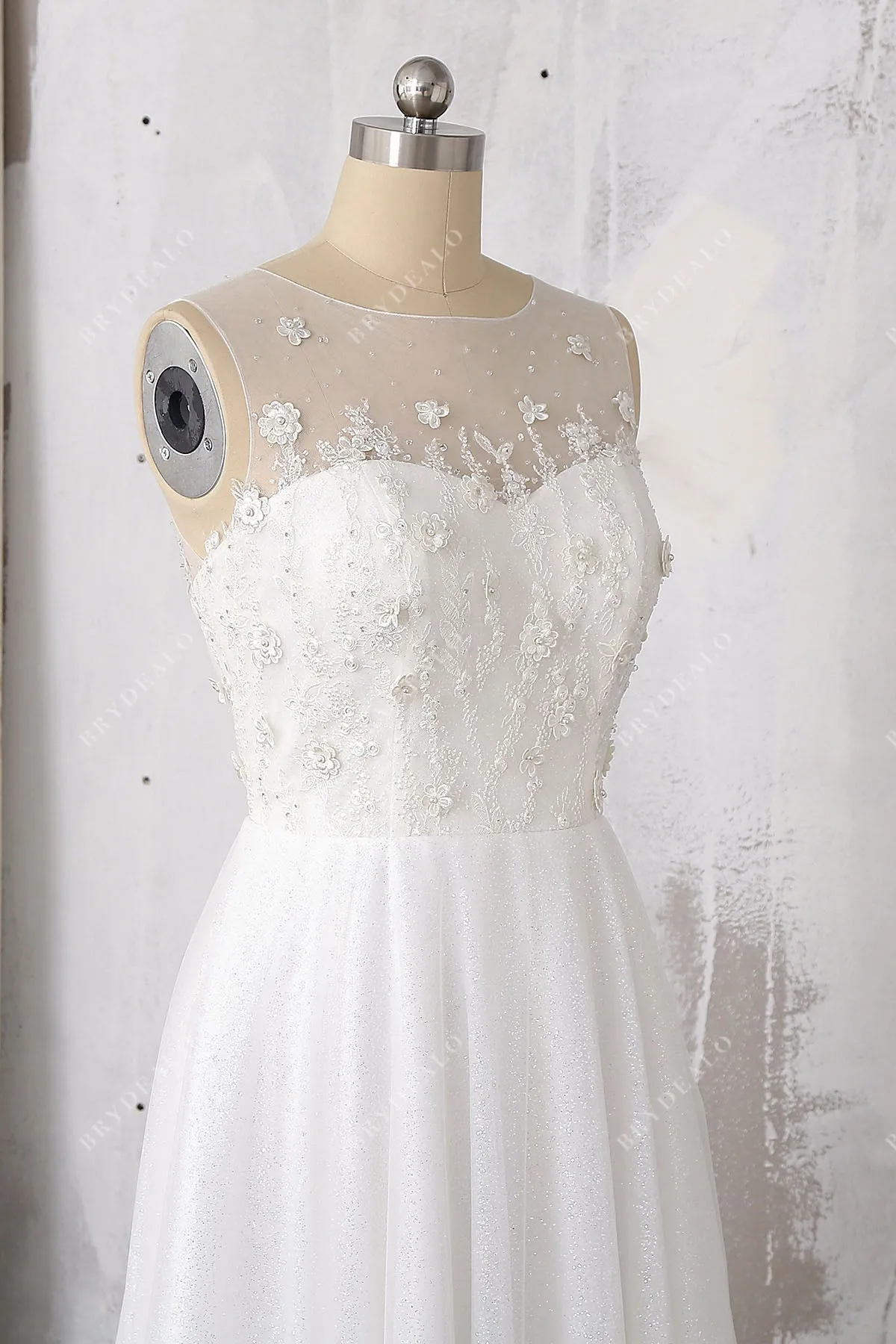 Beaded Floral Lace Glitter Illusion Wedding Dress