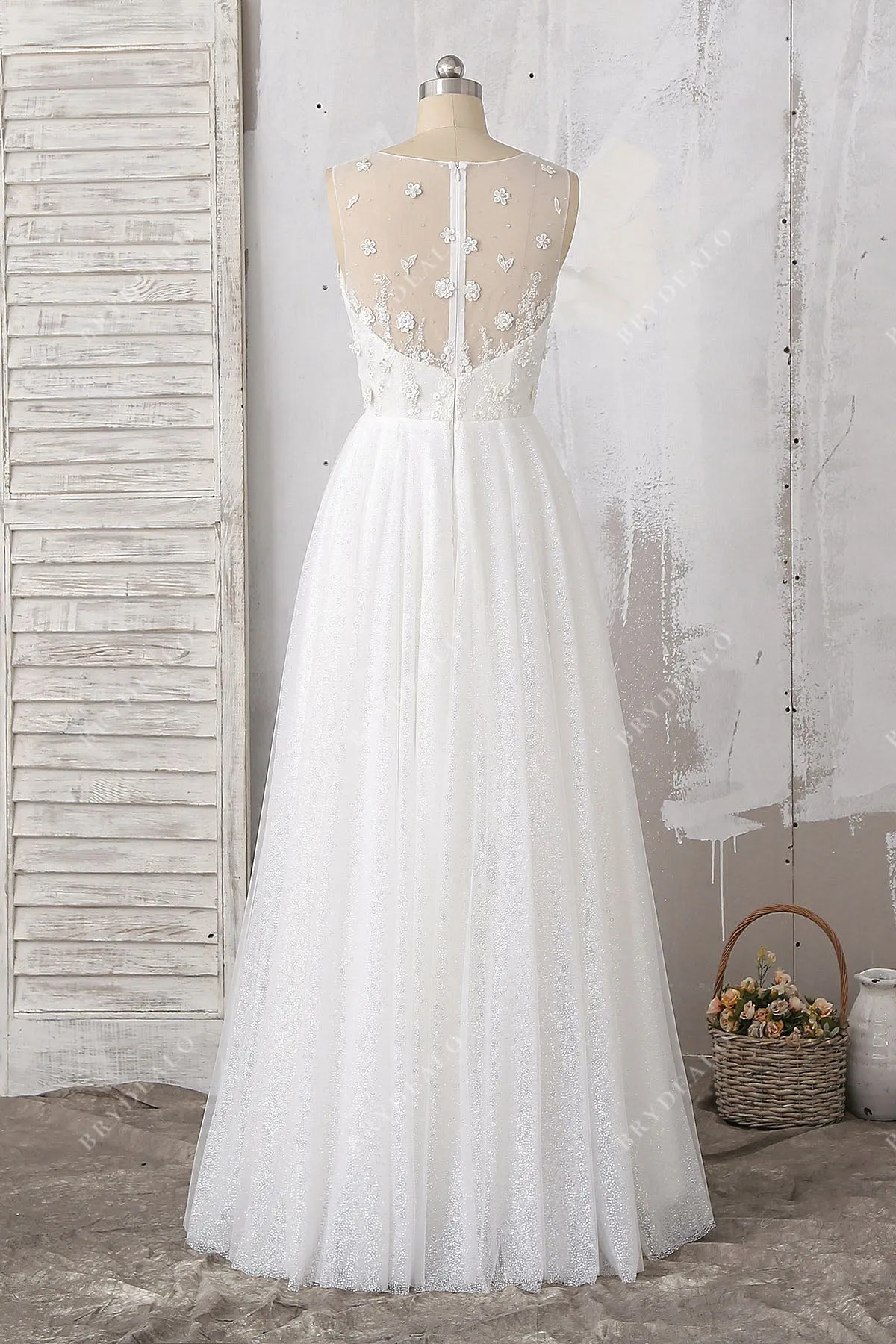Beaded Floral Lace Glitter Illusion Wedding Dress
